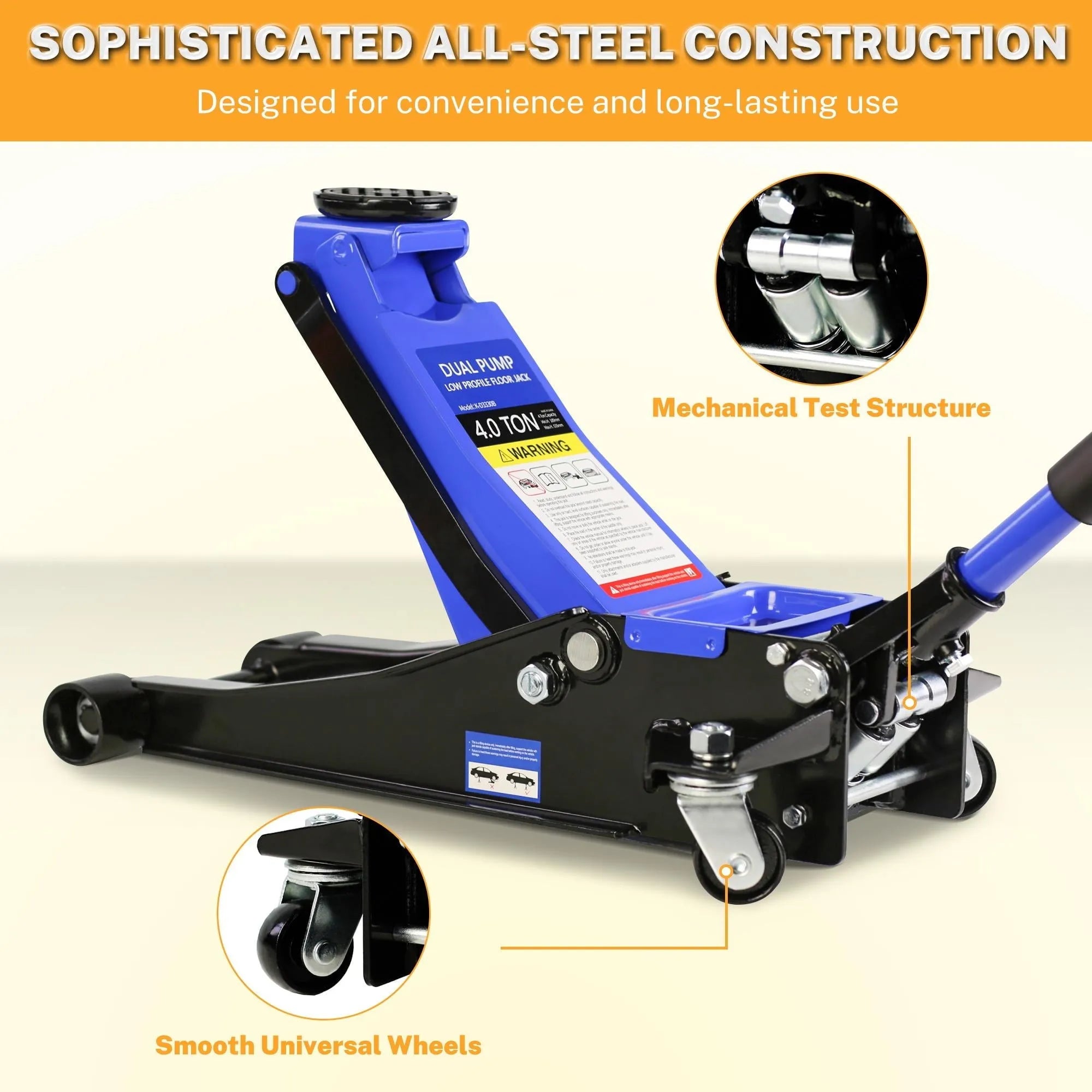 4-Ton Floor Jack, Low Profile Car Jack, Heavy-Duty Trolley Jack Car Lift with Dual Pump Pistons, Lifting Range 4-21, 8000LBS