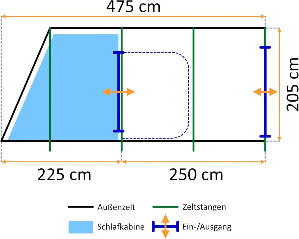 CampFeuer namiot TunnelX dla 4 osób, szary/niebieski, namiot tunelowy z 3 wejściami, słup wody 5000 mm, przyszyta plandeka podłogowa, namiot grupowy, namiot kempingowy, namiot rodzinny
