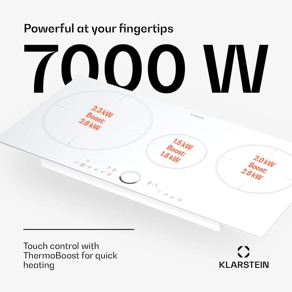 Klarstein Płyta indukcyjna, płyta kuchenna z ceramiki szklanej, 7000 W, płyta indukcyjna z 4 płytami, płyta indukcyjna do zabudowy z ekranem dotykowym i timerem, nowoczesne płyty grzewcze z