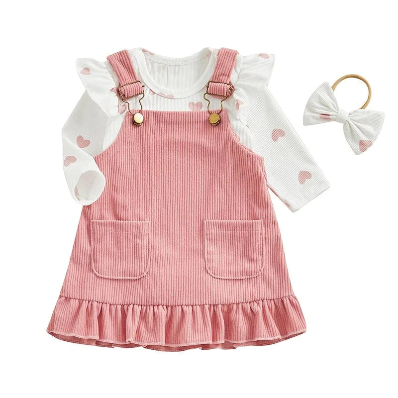 Baby Girls Outfits Heart Print Romper | Suspender Skirt | Headband Set