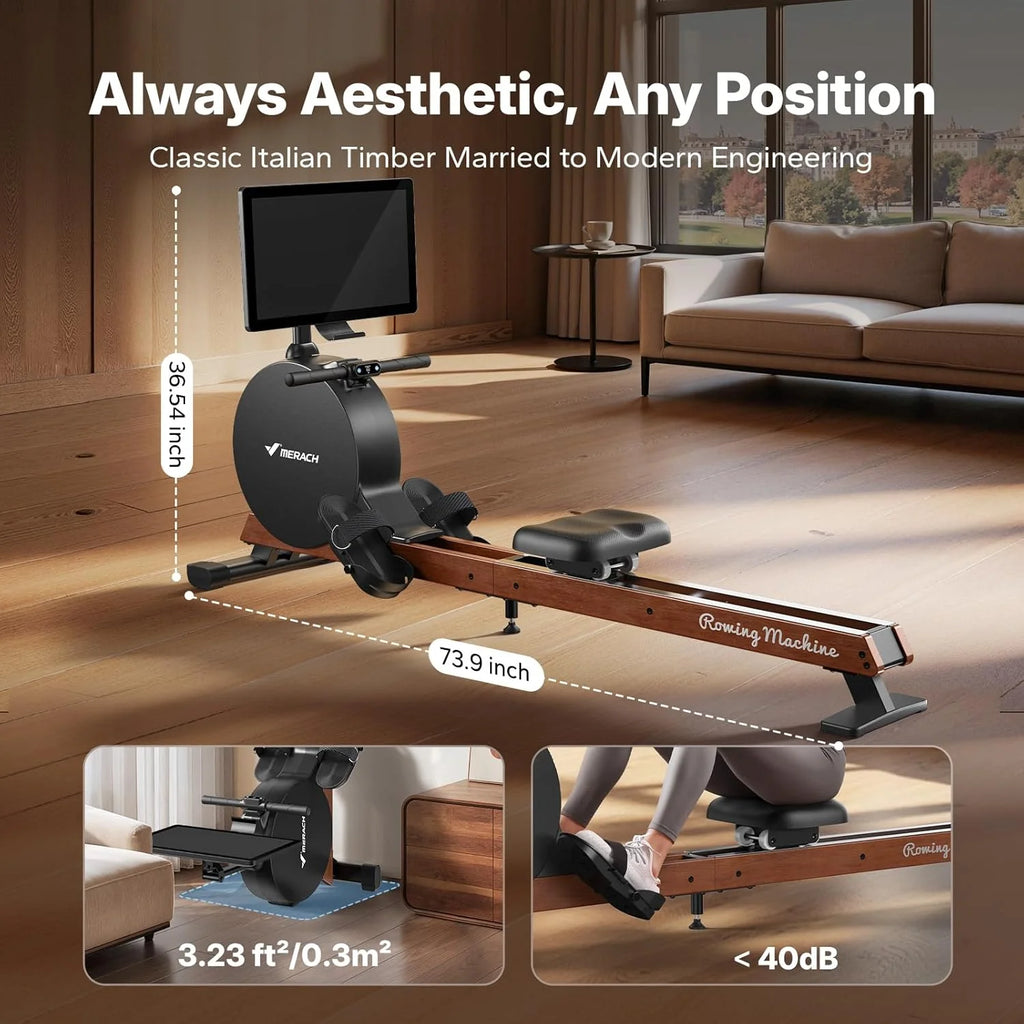 MERACH Wioślarz do Domu – Samozasilający, Ulepszony Magnetyczny Opór Szczytowy 60 kg, Automatyczna Regulacja Oporu, Wyświetlacz LED / 21,5‑calowy Ekran HD (R7)