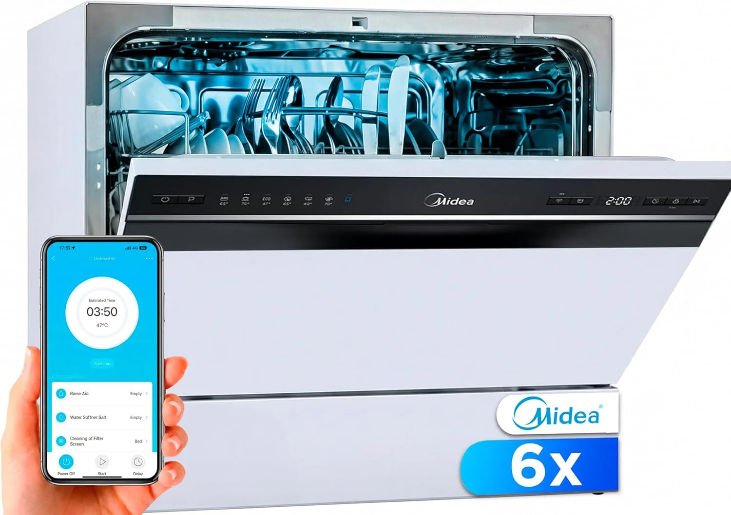 Midea Mała zmywarka, biała, 55 cm, dla 6 osób, kompaktowa i przenośna, bez instalacji, zmywarka z aplikacją Control, 6 programów, filtr antybakteryjny 49 dB, nowy model