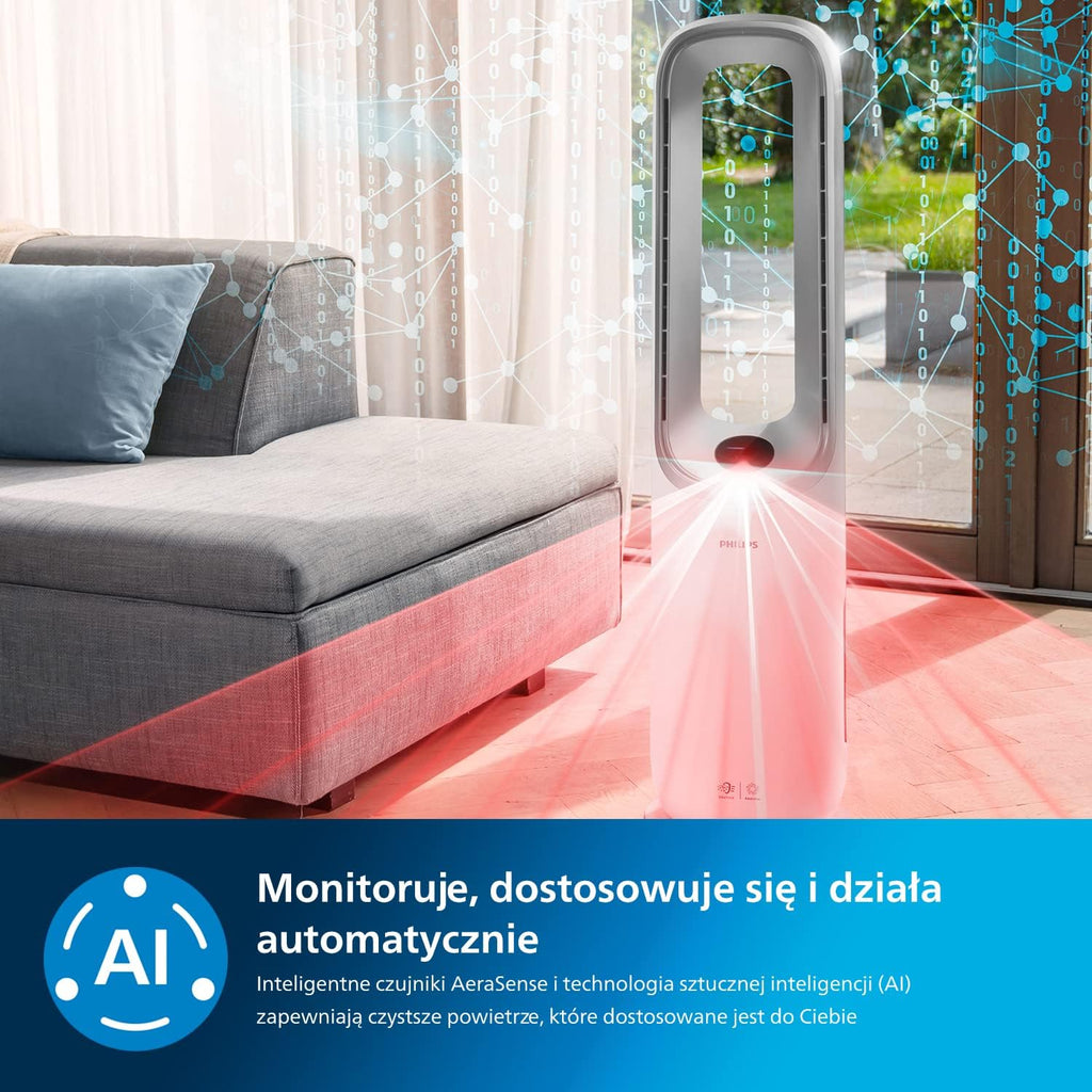 Philips Air Performer 3w1 - wentylator, oczyszczacz powietrza i grzejnik, Filtr NanoProtect HEPA, Usuwa alergeny, wirusy, bakterie, zapachy i 99,97% pyłków z powietrza, Cichy, Kolor Szary (AMF870/15)