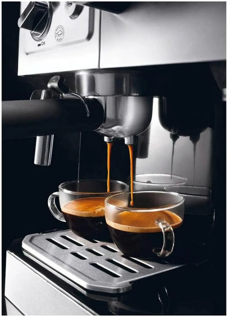 Ekspres do kawy kombinowany De'Longhi BCO 421.S — ekspres do kawy z filtrem espresso i funkcją filtra kawy, w tym dysza do spieniania mleka, szklany dzbanek i system filtrów wody, 1 l, stal nierdzewna/czarna, pojedyncza
