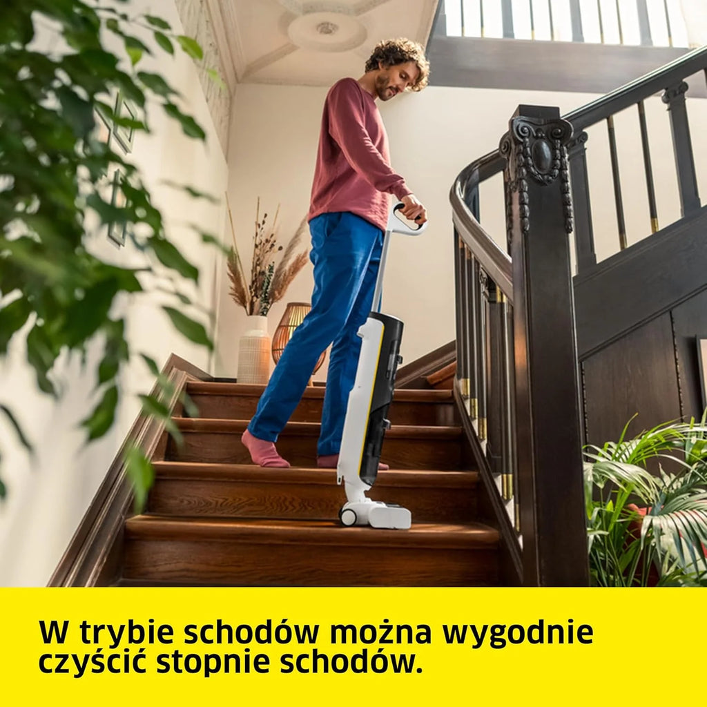 Kärcher bezprzewodowy mop odkurzający FCV 4 Dry Extra, 4 tryby czyszczenia, bateria: ok. 45 min, powierzchnia użytkowa na jedno ładowanie: ok. 200 m², stacja czyszcząca, ładująca i susząca
