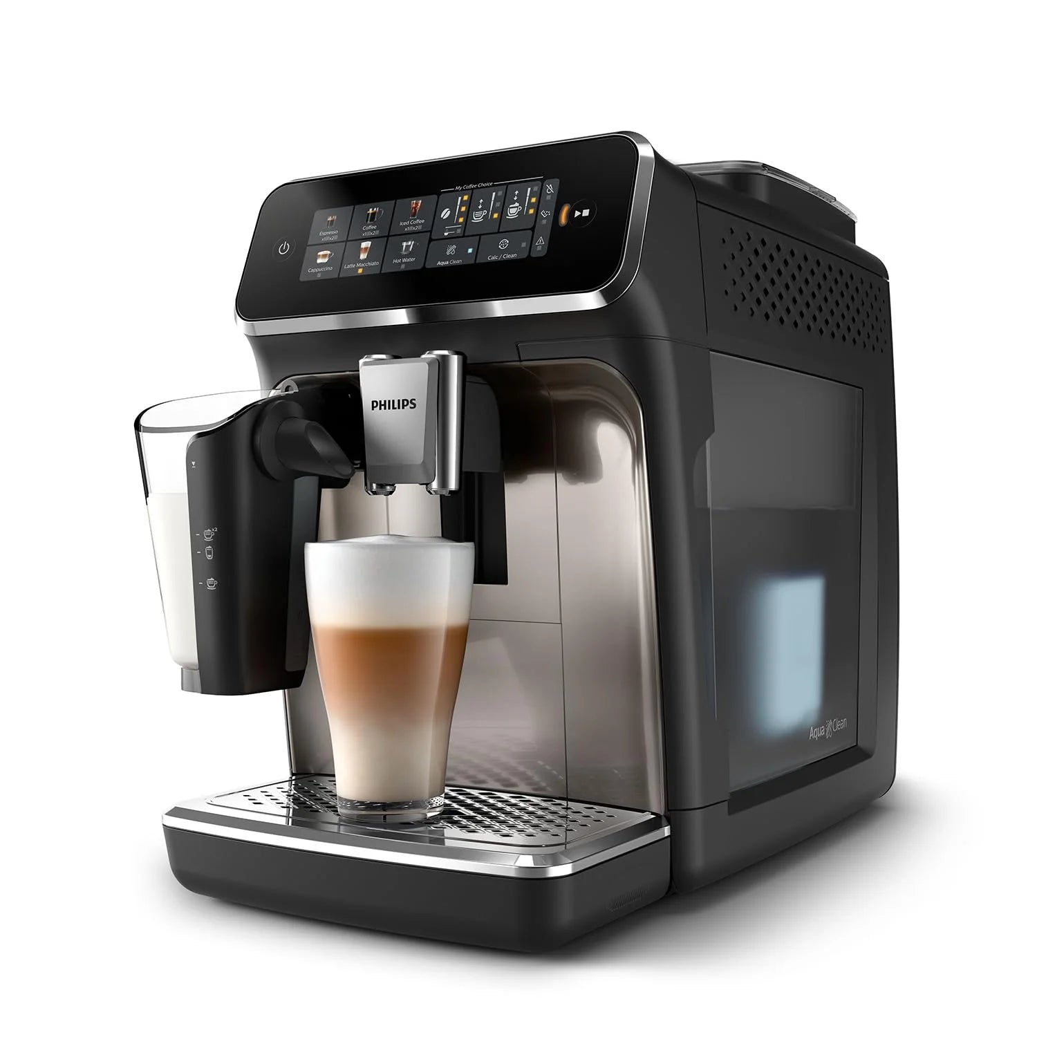 Philips Ekspres do kawy z serii 3300 w pełni zautomatyzowany - 6 napojów, Nowoczesny, Kolorowy ekran dotykowy, LatteGo, SilentBrew, Młynek w 100% ceramiczny, Filtr AquaClean, Czarny chrom (EP3347/90)