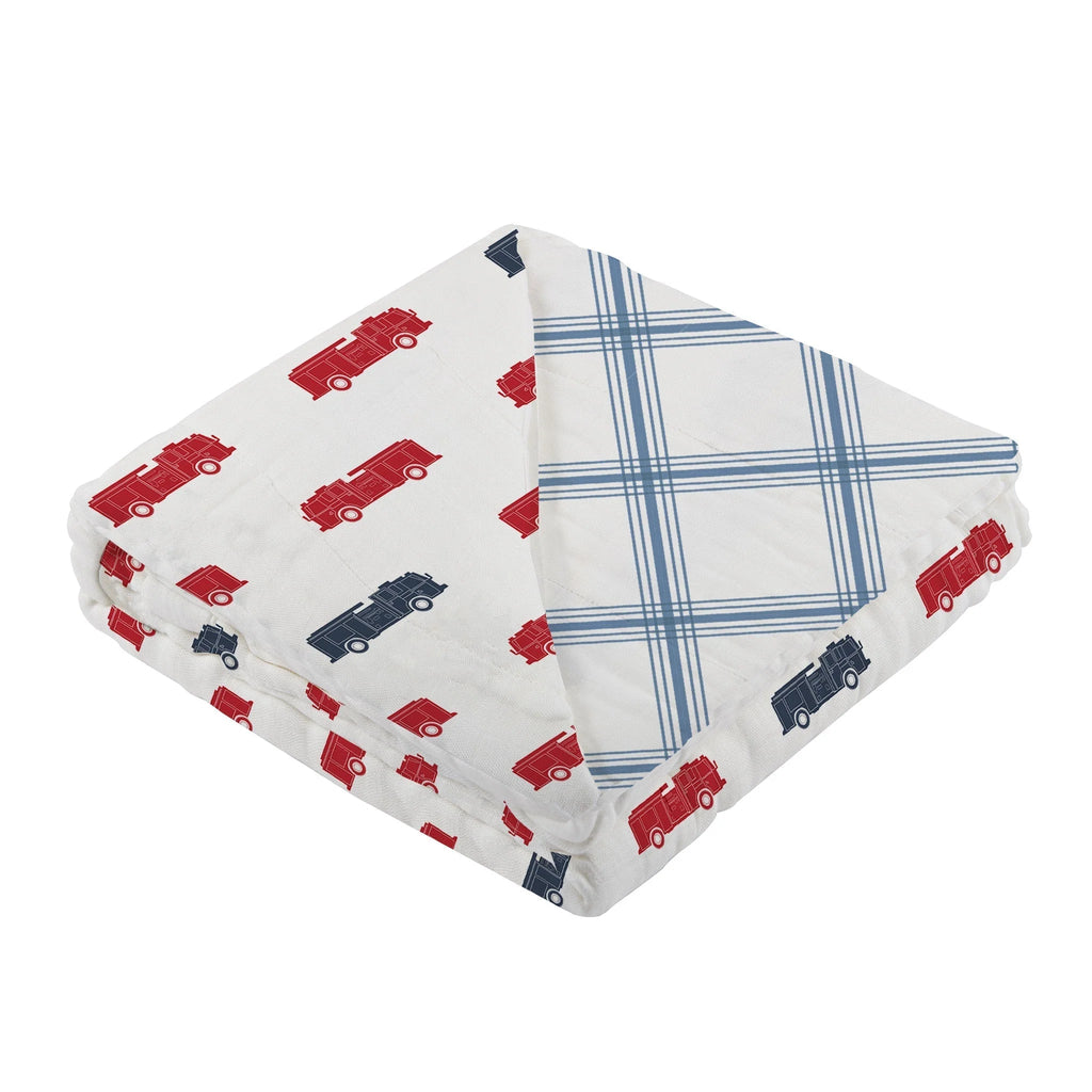 Blue and Red Fire Trucks and Buffalo Check Plaid Blanket
