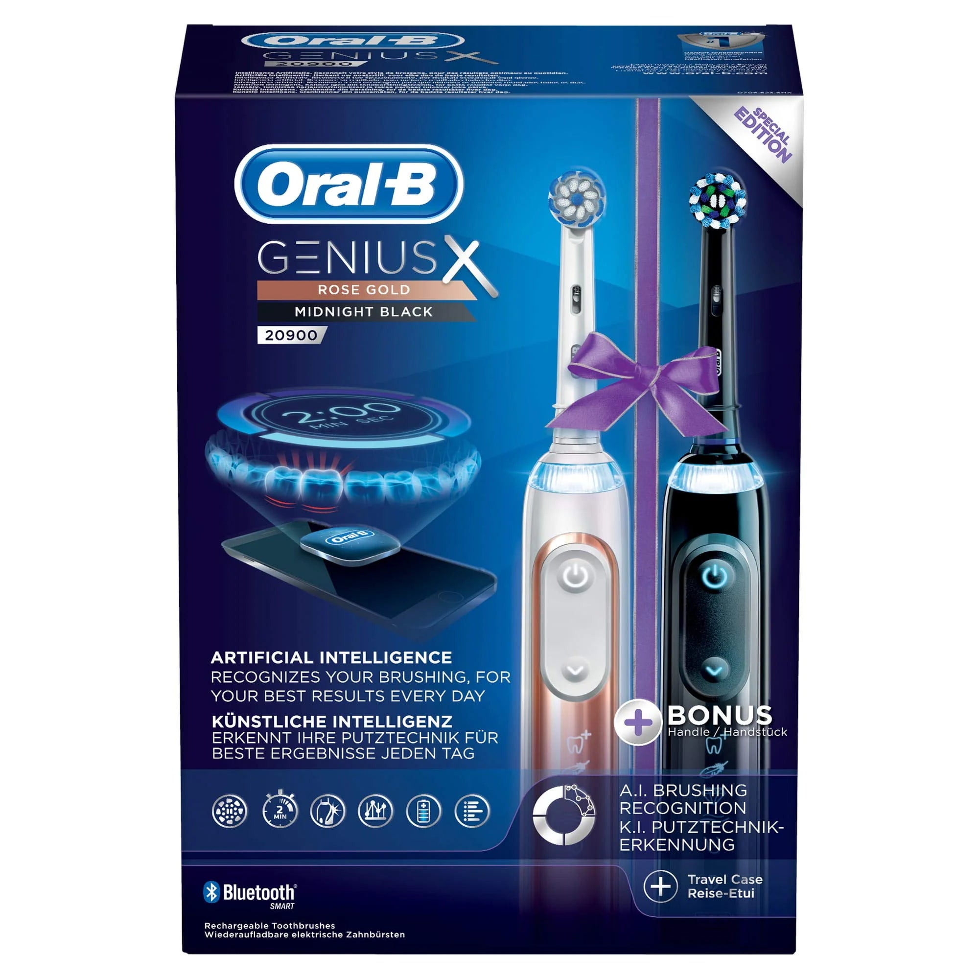 Oral-B Genius X 20900 elektryczna szczoteczka do zębów, dwupak, 6 trybów czyszczenia, Bluetooth, etui, prezent, różowe złoto