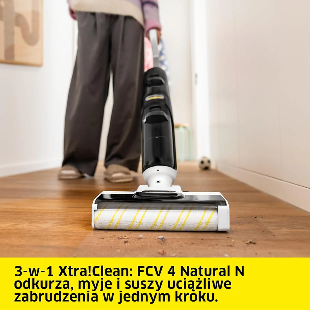 Kärcher bezprzewodowy mop odkurzający FCV 4 Dry Extra, 4 tryby czyszczenia, bateria: ok. 45 min, powierzchnia użytkowa na jedno ładowanie: ok. 200 m², stacja czyszcząca, ładująca i susząca