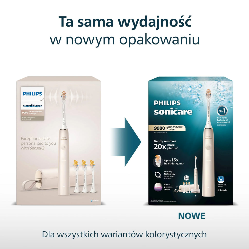 Philips Sonicare DiamondClean 9900 Prestige Elektryczna szczoteczka do zębów z technologią i aplikacją SenseIQ, 5 trybów szczotkowania, etui podróżne do ładowania, kolor szampański, HX9992/44