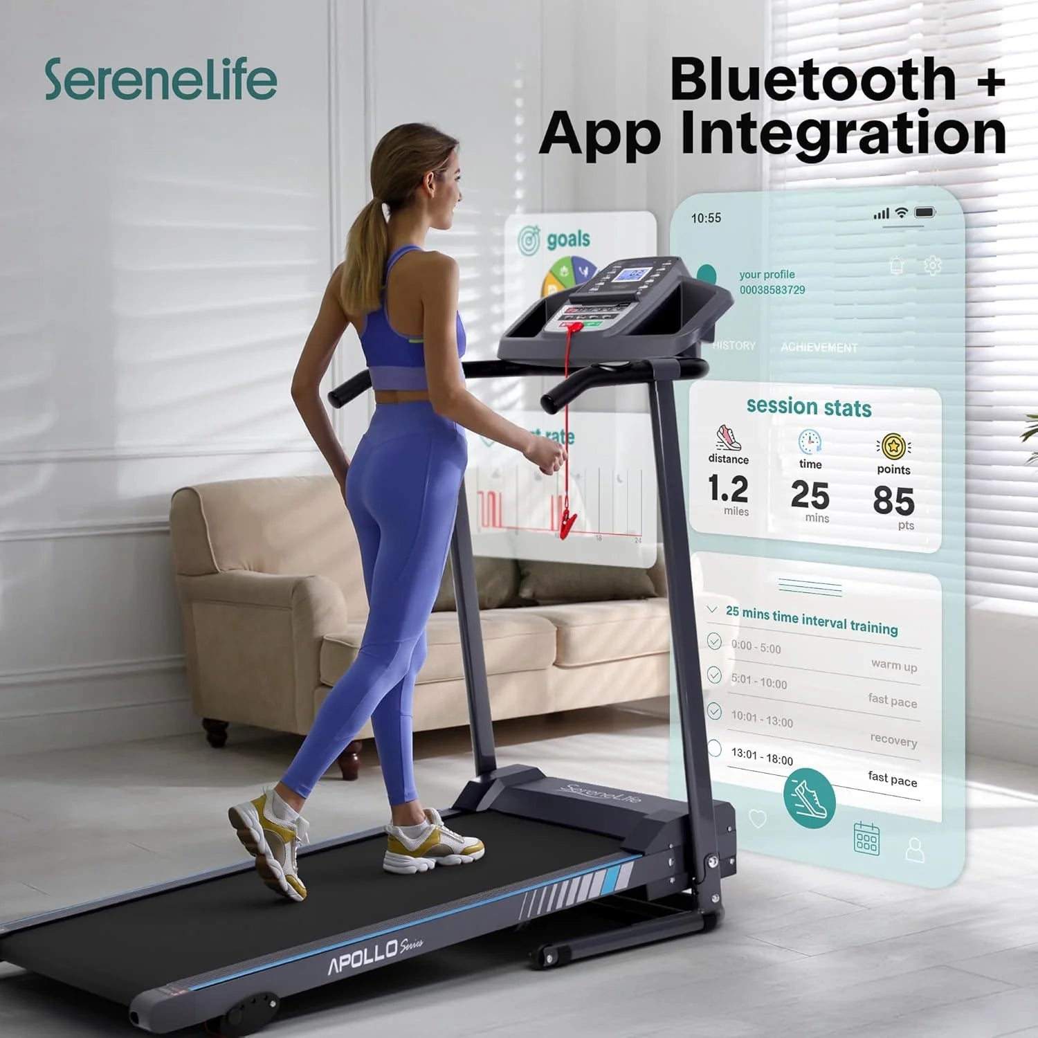 SereneLife Bieżnia do domu – składana podkładka do biegania, z wyświetlaczem LED, Treadmill for Home, Bluetooth App Sync, Digital Fitness, Walkpad z nachyleniem, do 10 km/h