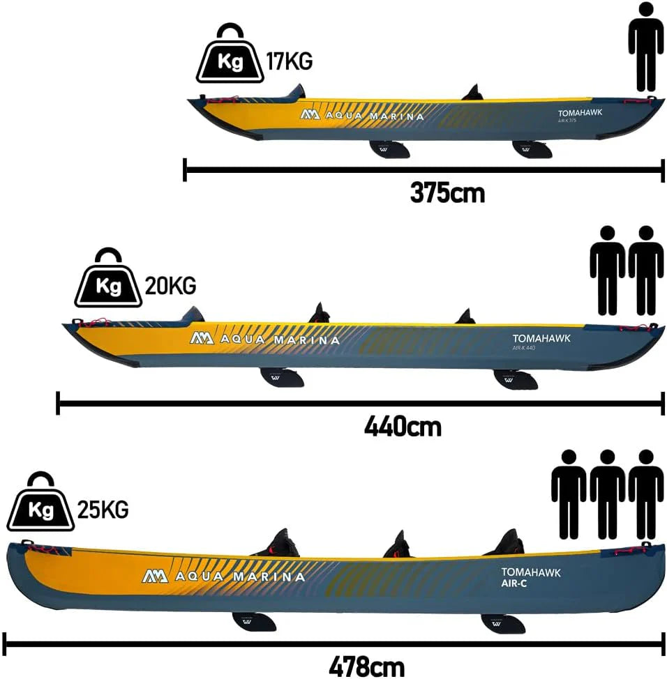 Aqua Marina Tomahawk, AIR-K wysokociśnieniowy dmuchany kajak premium, dla 1 osoby, długość 375 cm, morski/żółty