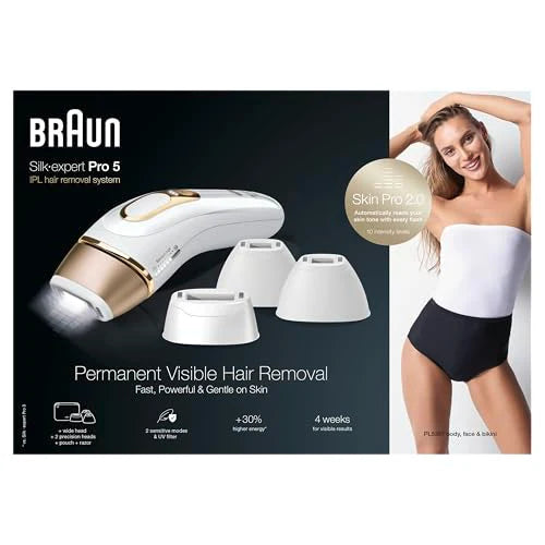 Braun IPL Silk Expert Pro 5, do usuwania włosów w domu, alternatywa dla laserowego usuwania włosów, zawiera woreczek, szeroką głowę, 2 precyzyjne głowice i golarkę Venus, prezent dla kobiet, biały