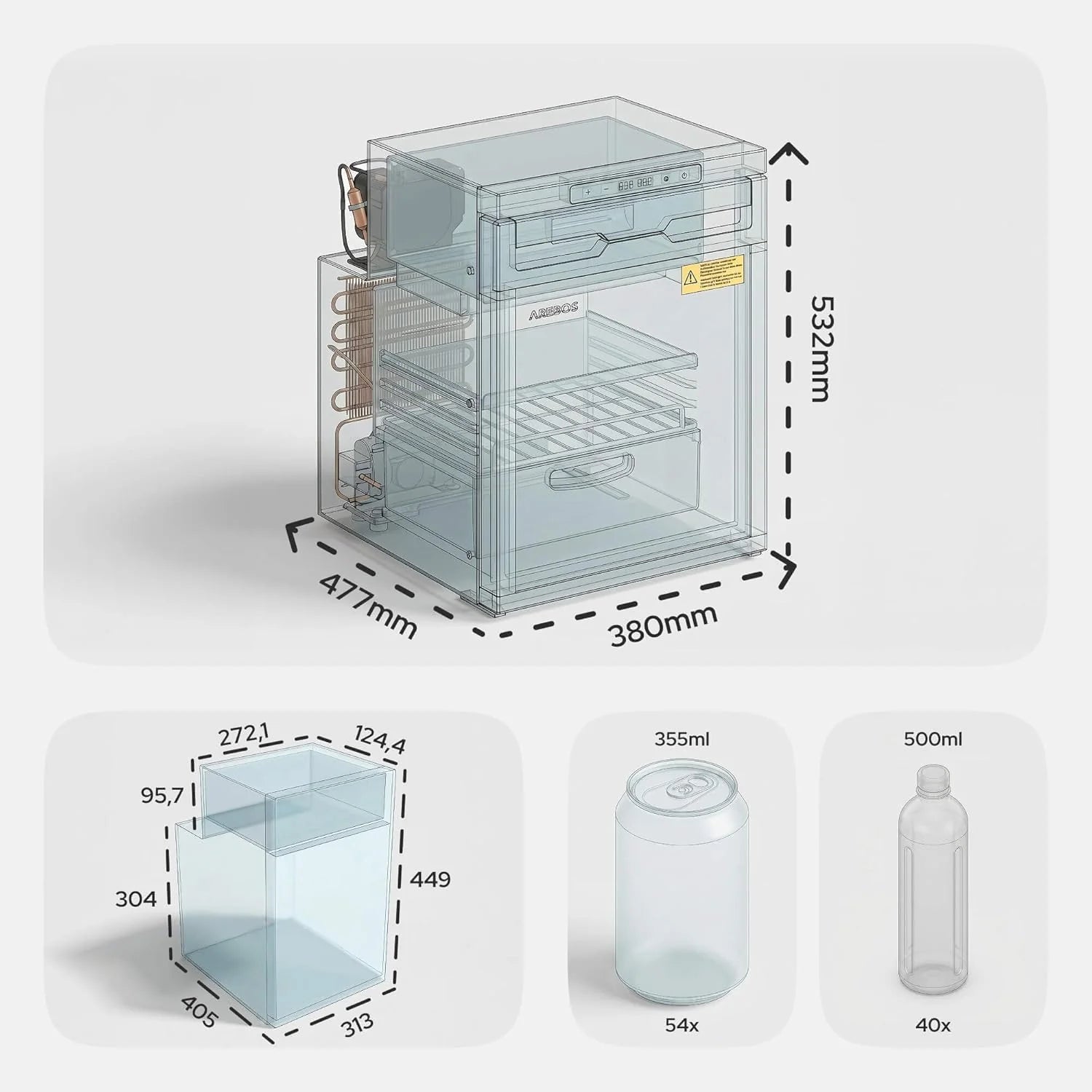 Arebos Lodówka Kompresorowa do Kampera 50L z Zamrażalnikiem | Sterowanie APP | 12V/24V | Chłodzenie do -20°C | Odwracalne Drzwi | Lodówka do Kampera, Auta i Ciężarówki