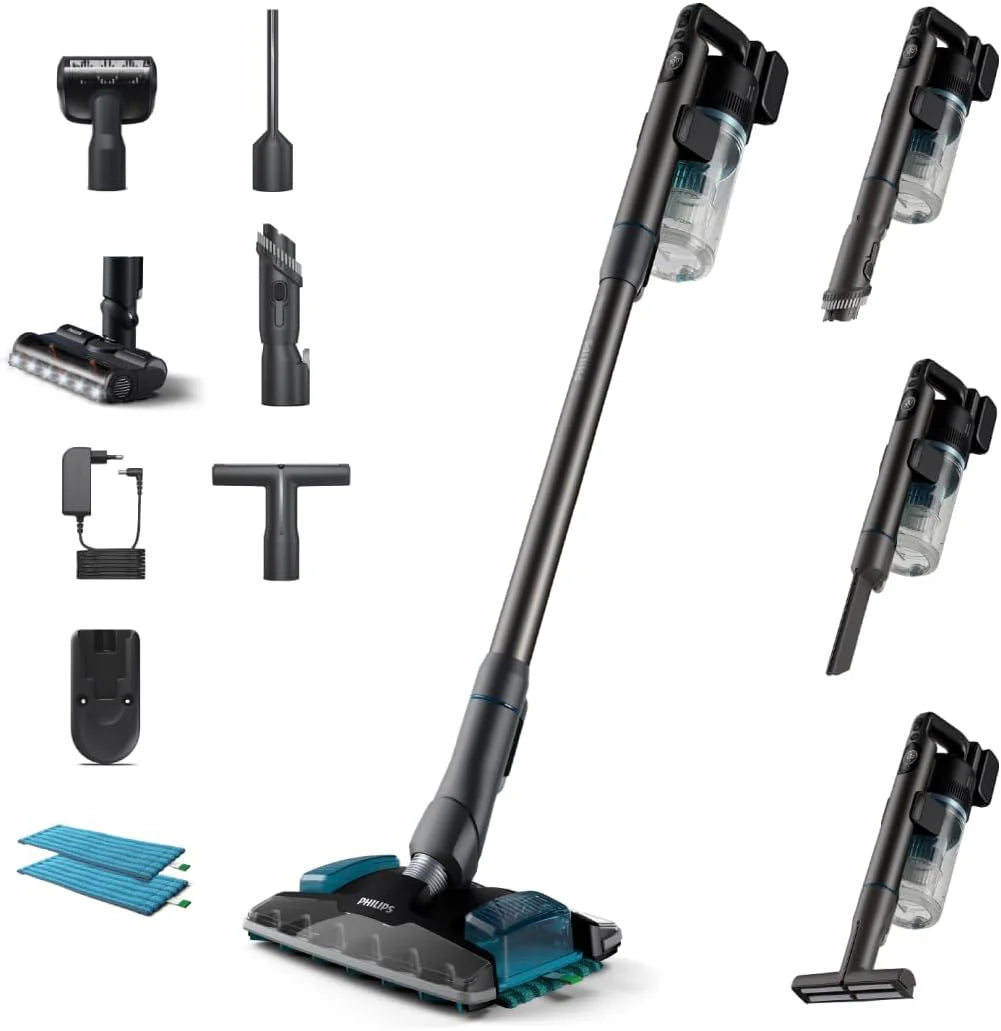 Philips Bezprzewodowy Odkurzacz Serii 8000 Pet, Wysoka moc ssania, 80 Min Czas Pracy, Rozpoznawanie Podłóg, Wyświetlacz Inteligentny, Nasadki z LED, Nasadka Pet&AquaPlus (XC8055/01)