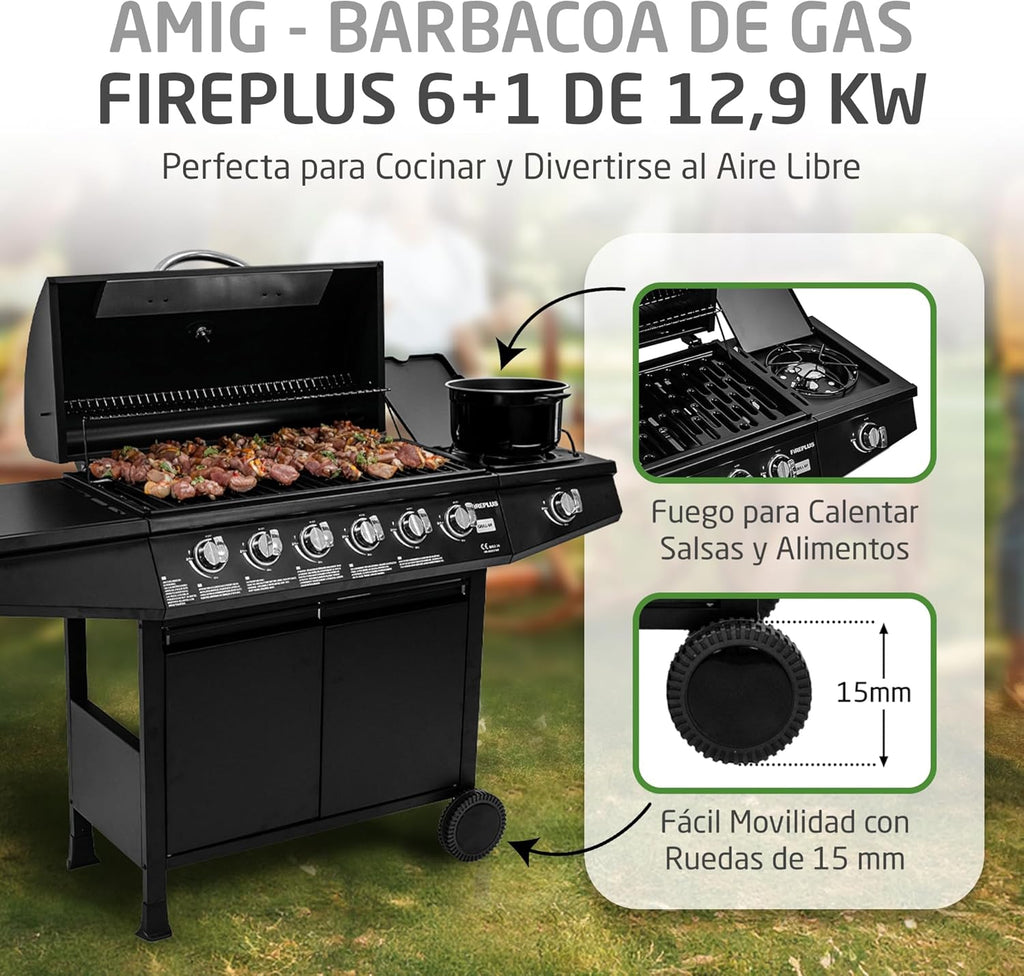 Grill gazowy Fireplus 6+1, 12,9 kW – stal nierdzewna czarna – grill z kółkami, model GRILL-6F – grill XXL z wózkiem i termometrem – 138 x 52 x 103 cm – 7 palników i tacka boczna