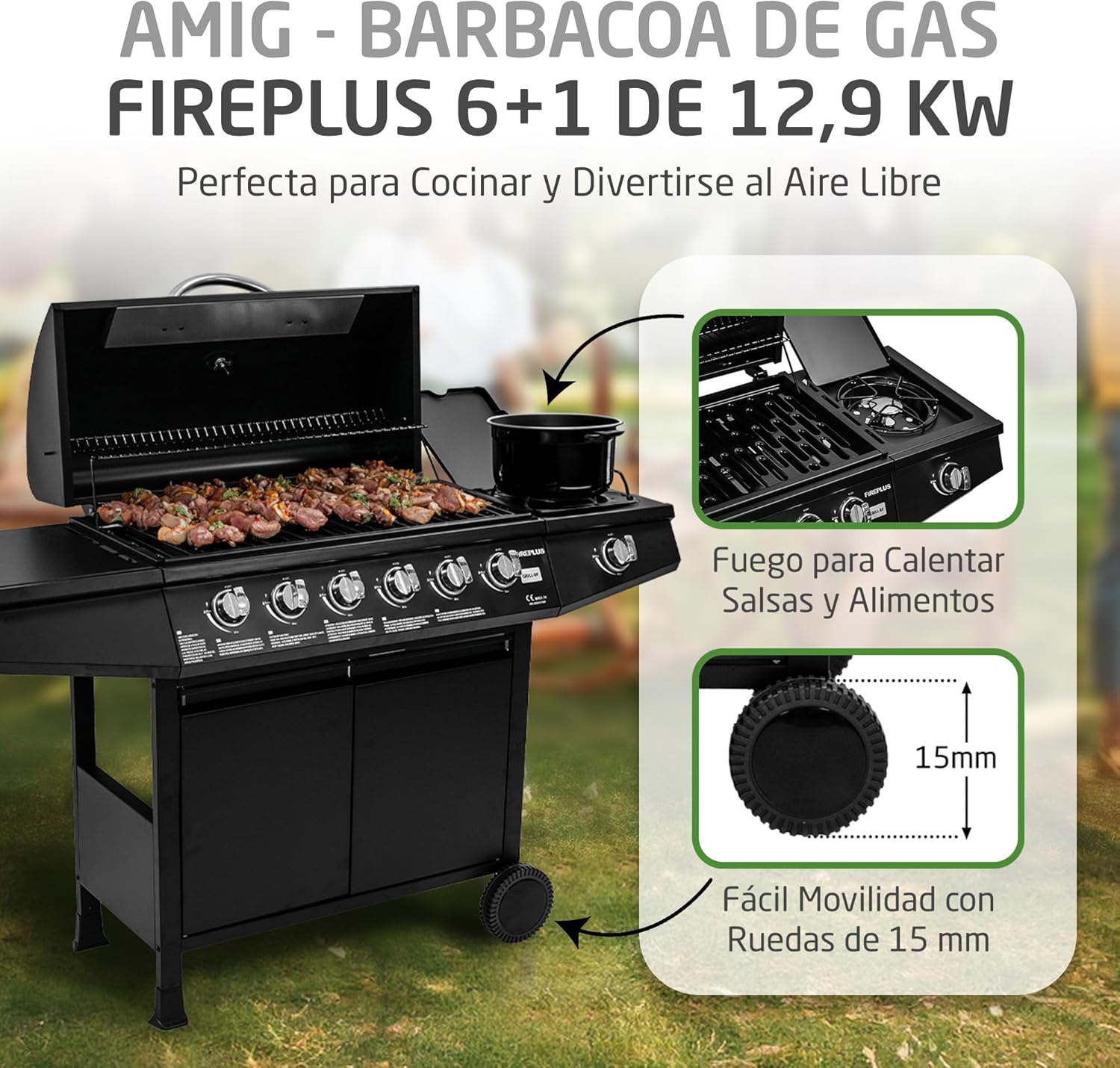 Grill gazowy Fireplus 6+1, 12,9 kW – stal nierdzewna czarna – grill z kółkami, model GRILL-6F – grill XXL z wózkiem i termometrem – 138 x 52 x 103 cm – 7 palników i tacka boczna