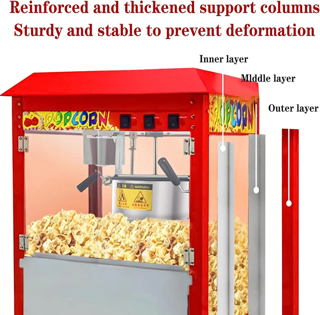 Komercyjna maszyna do popcornu z czajnikiem 10 uncji i podgrzewaną lampką, nablatowa maszyna do popcornu o mocy 1400 W do domu, teatru i firmy, w stylu filmowym z 3-przełącznikami Flat-top