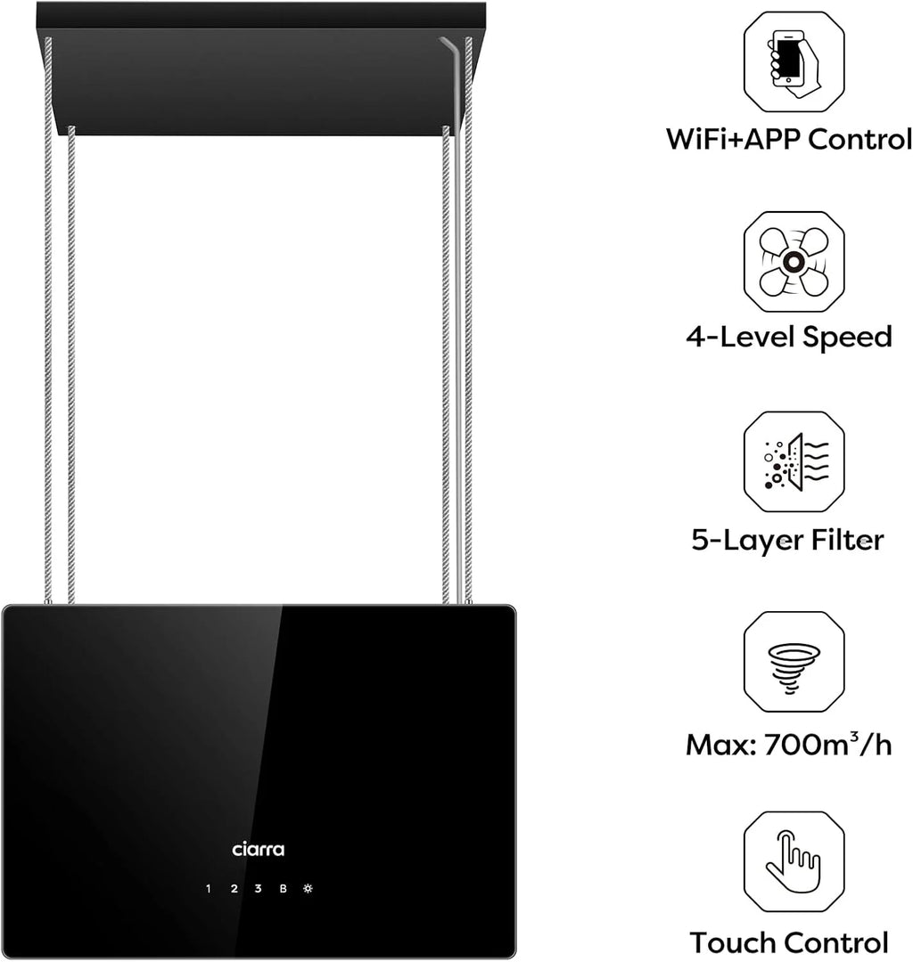 CIARRA CBCB4850 A+++ Okap wyspowy, obiegowy wiszący, 48 cm, 700 m³/h, z inteligentną aplikacją Wi-Fi, 4 poziomy prędkości, funkcja turbo, przednia szyba szklana, w zestawie filtr węglowy CBCF003