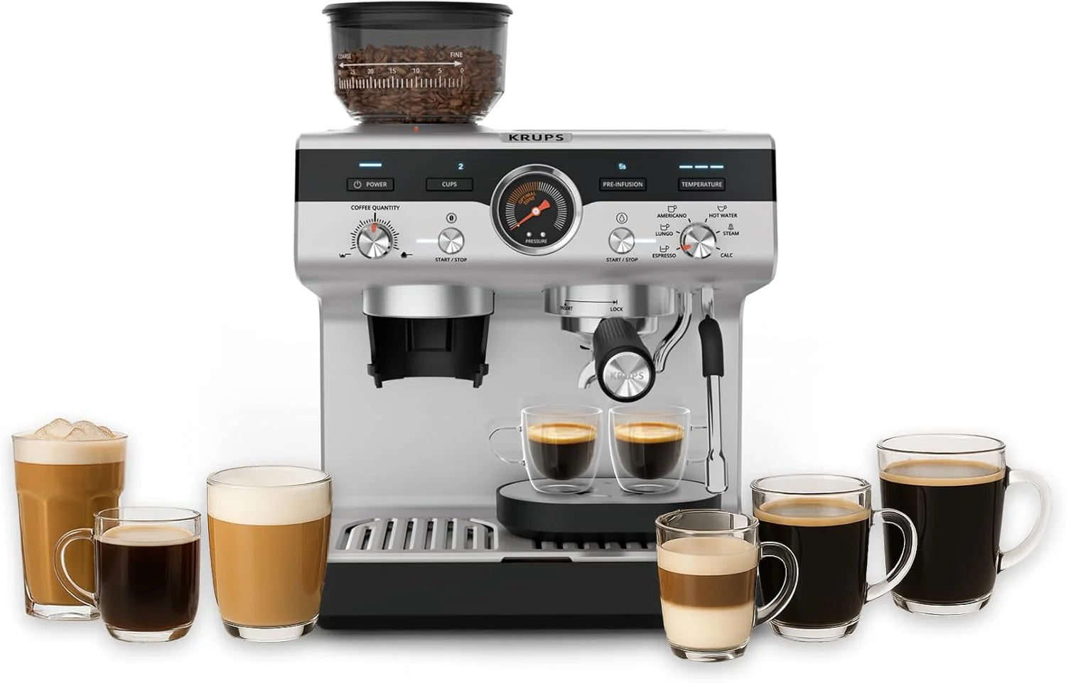 Krups Precision XP801T10 ręczny ekspres do kawy z młynkiem, intuicyjna obsługa, ustawienia wstępnego infuzji, dysza parowa, szybkie nagrzewanie, czarny/stal nierdzewna