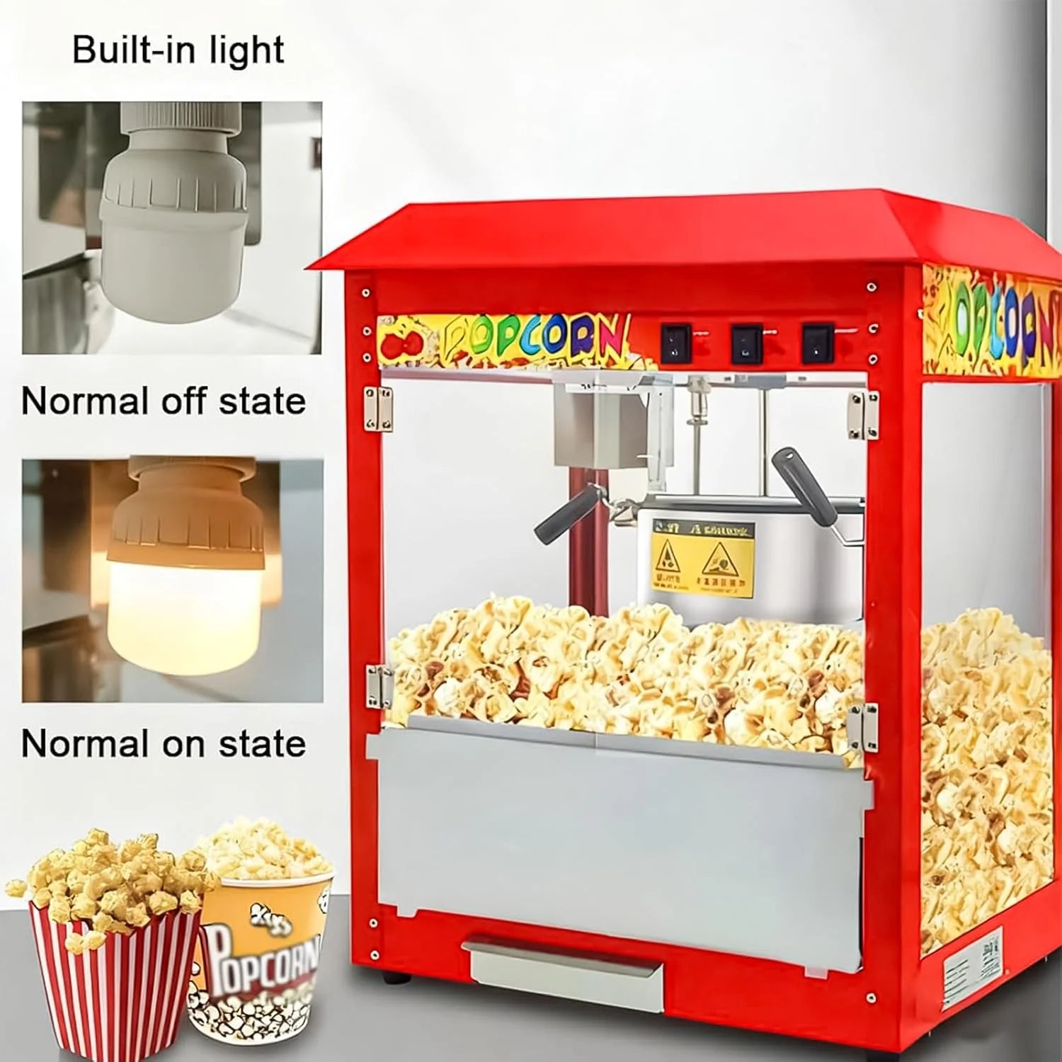 Komercyjna maszyna do popcornu z czajnikiem 10 uncji i podgrzewaną lampką, nablatowa maszyna do popcornu o mocy 1400 W do domu, teatru i firmy, w stylu filmowym z 3-przełącznikami Flat-top