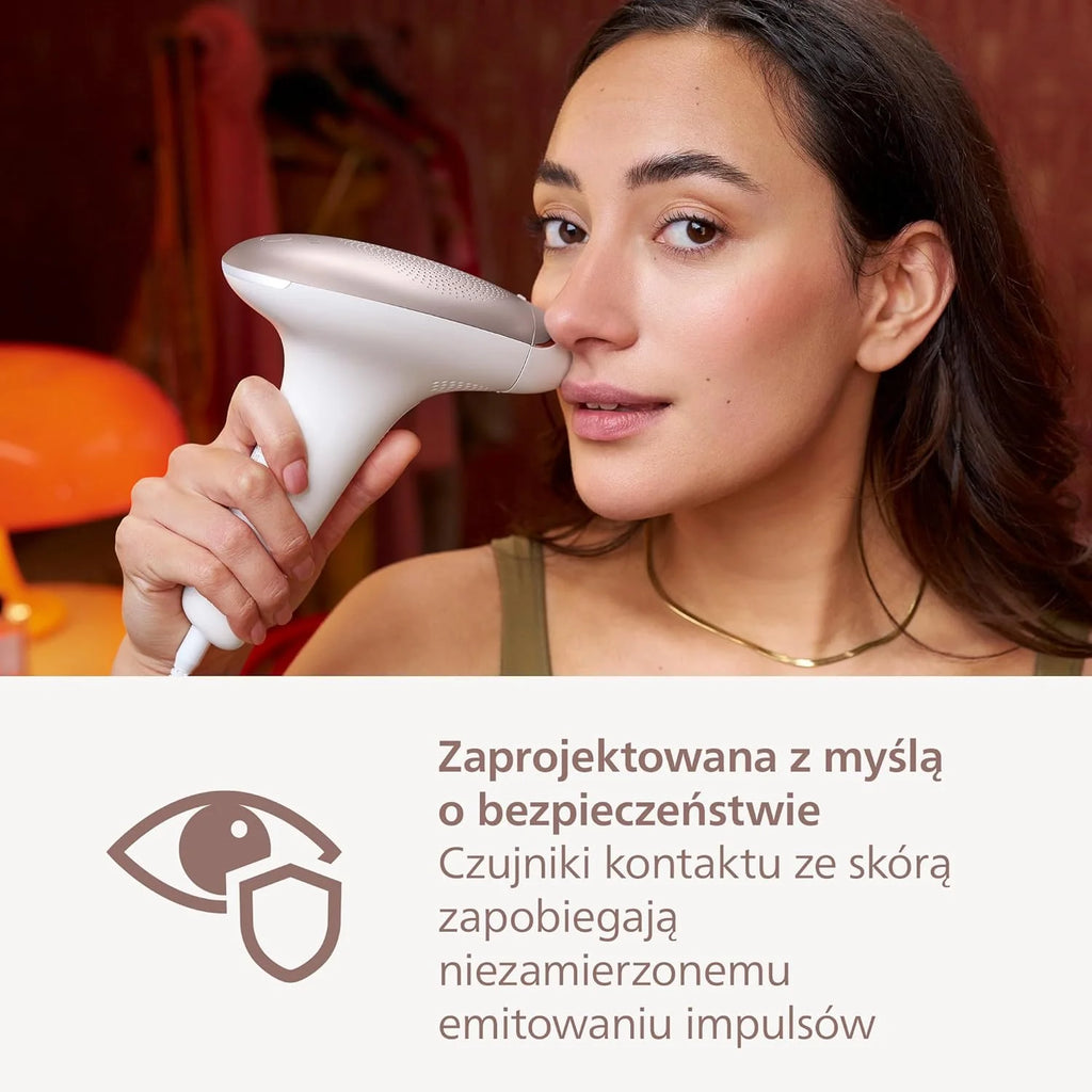 Philips Lumea z serii 7000 - urządzenie IPL do depilacji światłem. Zestaw z 2 nasadkami: do ciała i twarzy oraz ołówkowym trymerem do wyrównywania Satin Compact. Zasilanie sieciowe. BRI921/00