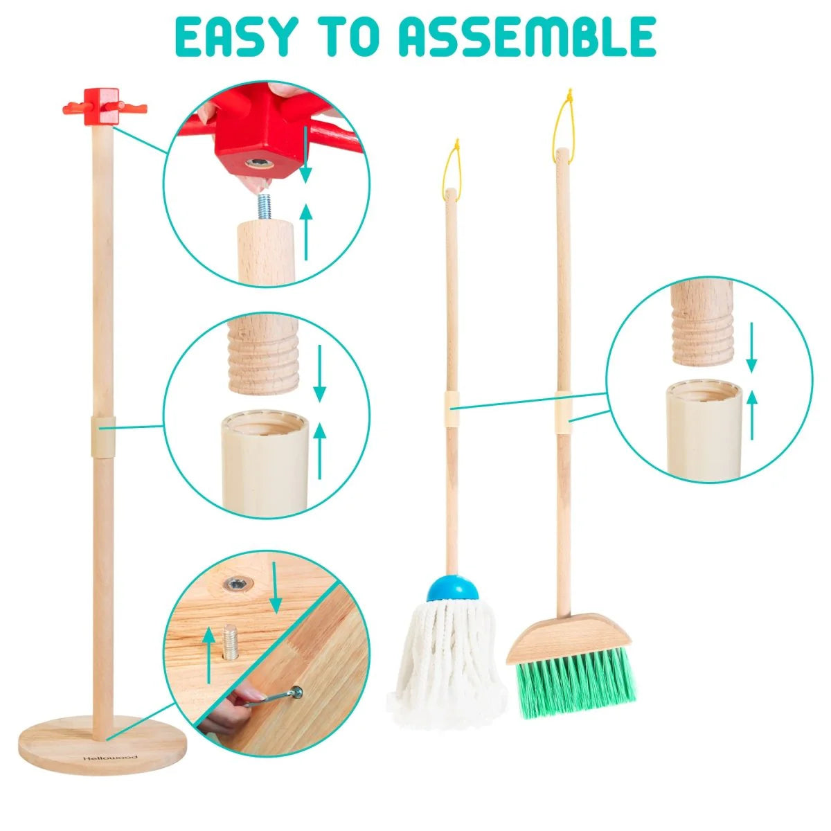 8-Piece Wooden Cleaning Set for Kids with Mop Broom Brushes Stand Rag