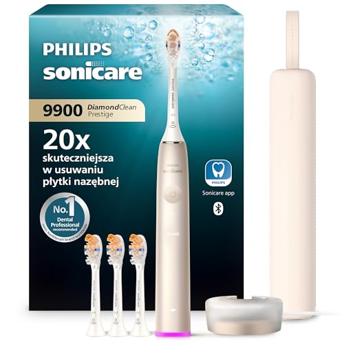Philips Sonicare DiamondClean 9900 Prestige Elektryczna szczoteczka do zębów z technologią i aplikacją SenseIQ, 5 trybów szczotkowania, etui podróżne do ładowania, kolor szampański, HX9992/44