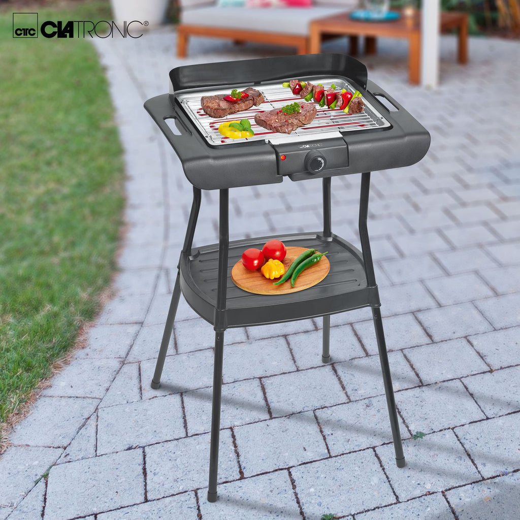 Grill elektryczny z nóżkami, chromowany, regulacja temperatury, do użytku wewnątrz i na zewnątrz, czarno-srebrny, 2000 W, Clatronic Bqs 3508