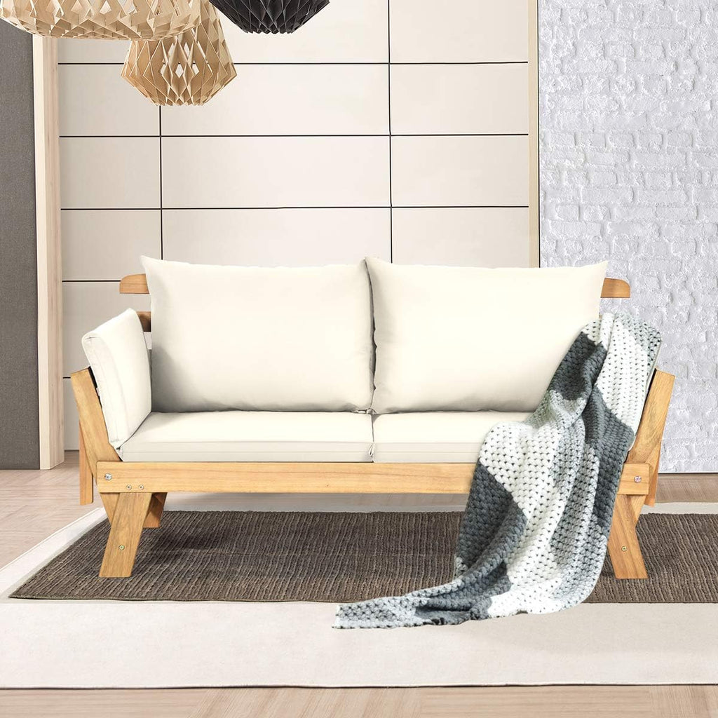 COSTWAY Ławka ogrodowa z funkcją leżenia, sofa ogrodowa z poduszkami i składanym podłokietnikiem, ławka balkonowa z drewna akacjowego, sofa balkonowa, sofa ogrodowa do ogrodu, na taras, balkon, 198 x