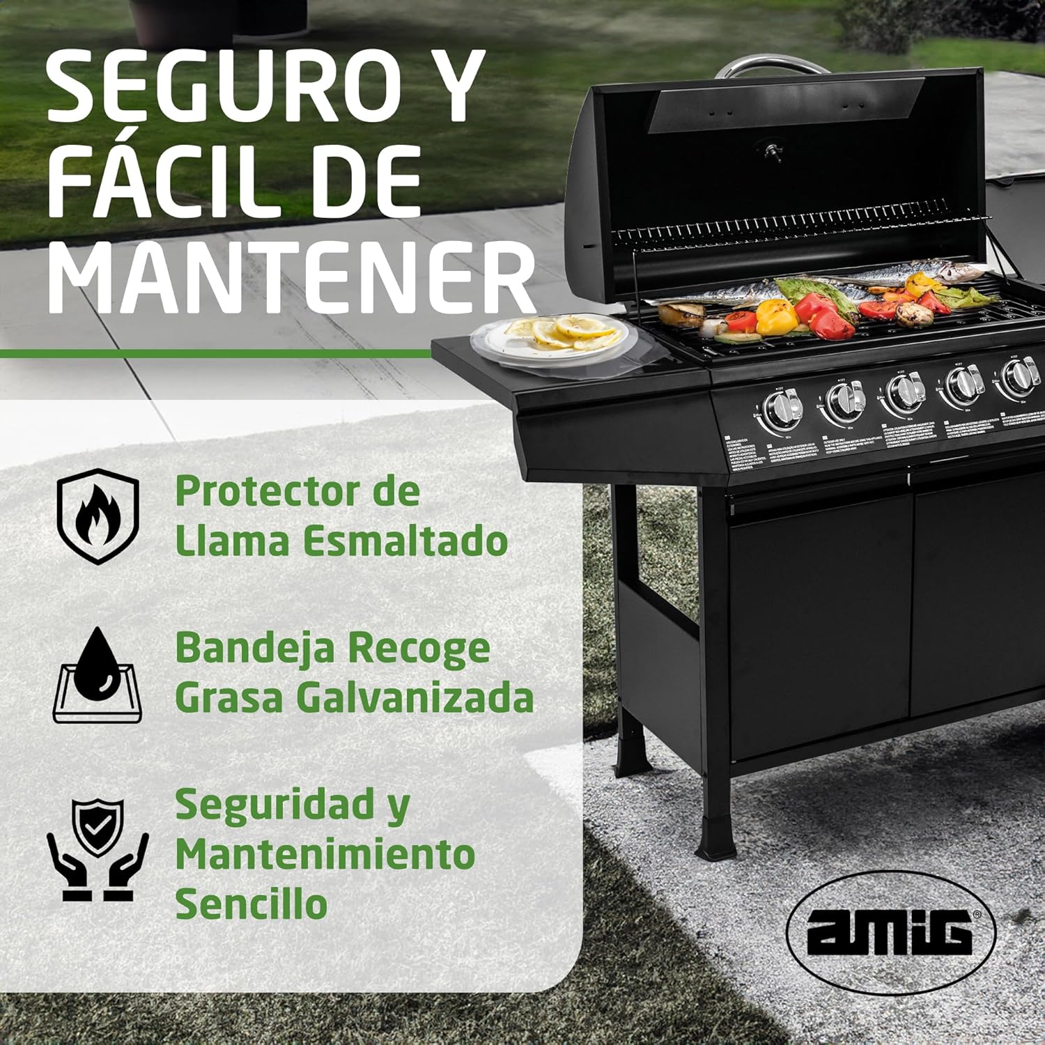 Grill gazowy Fireplus 6+1, 12,9 kW – stal nierdzewna czarna – grill z kółkami, model GRILL-6F – grill XXL z wózkiem i termometrem – 138 x 52 x 103 cm – 7 palników i tacka boczna