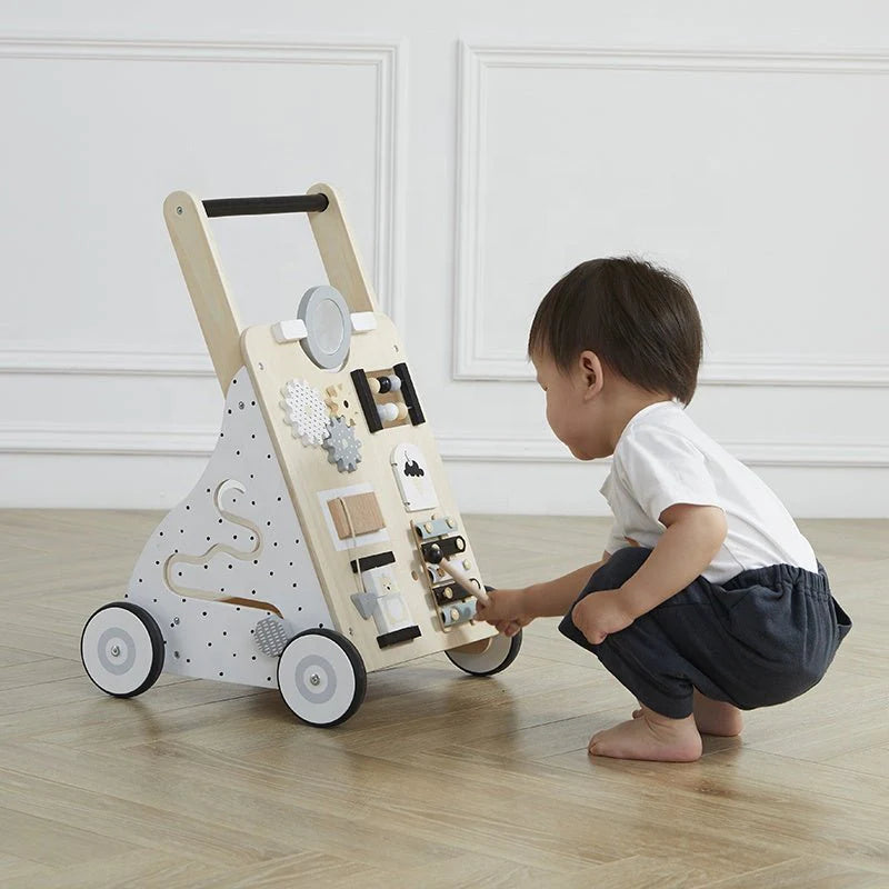 Wooden Baby Walker with Activity Board and Adjustable Wheel Resistance