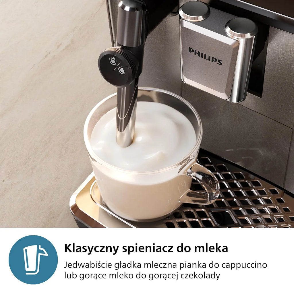 Philips Ekspres do kawy z serii 3300 w pełni zautomatyzowany - 6 napojów, Nowoczesny, Kolorowy ekran dotykowy, LatteGo, SilentBrew, Młynek w 100% ceramiczny, Filtr AquaClean, Czarny chrom (EP3347/90)