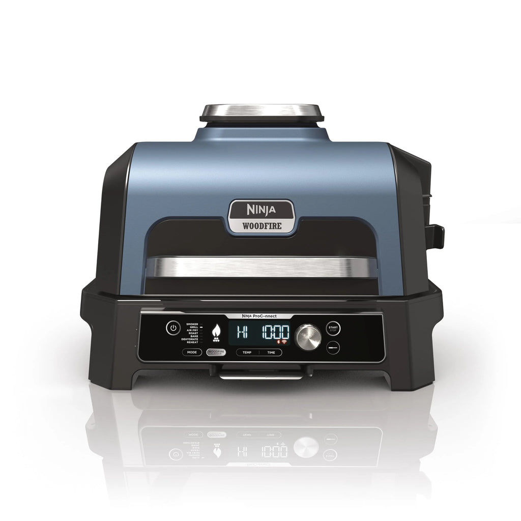 Ninja Woodfire Grill elektryczny, wędzarnia i frytkownica beztłuszczowa, 7 w 1, zewnętrzny, wędzenie, opiekanie, ciasta, odporny na pogodę, nieprzywierający, przenośny, szary/czarny OG701EU
