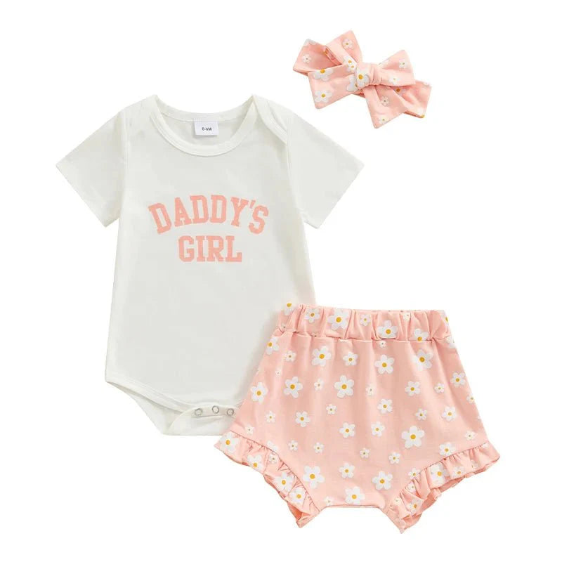 Baby Girls Outfit Short Sleeve Romper - Floral Shorts - Hairband Set Casual Clothes