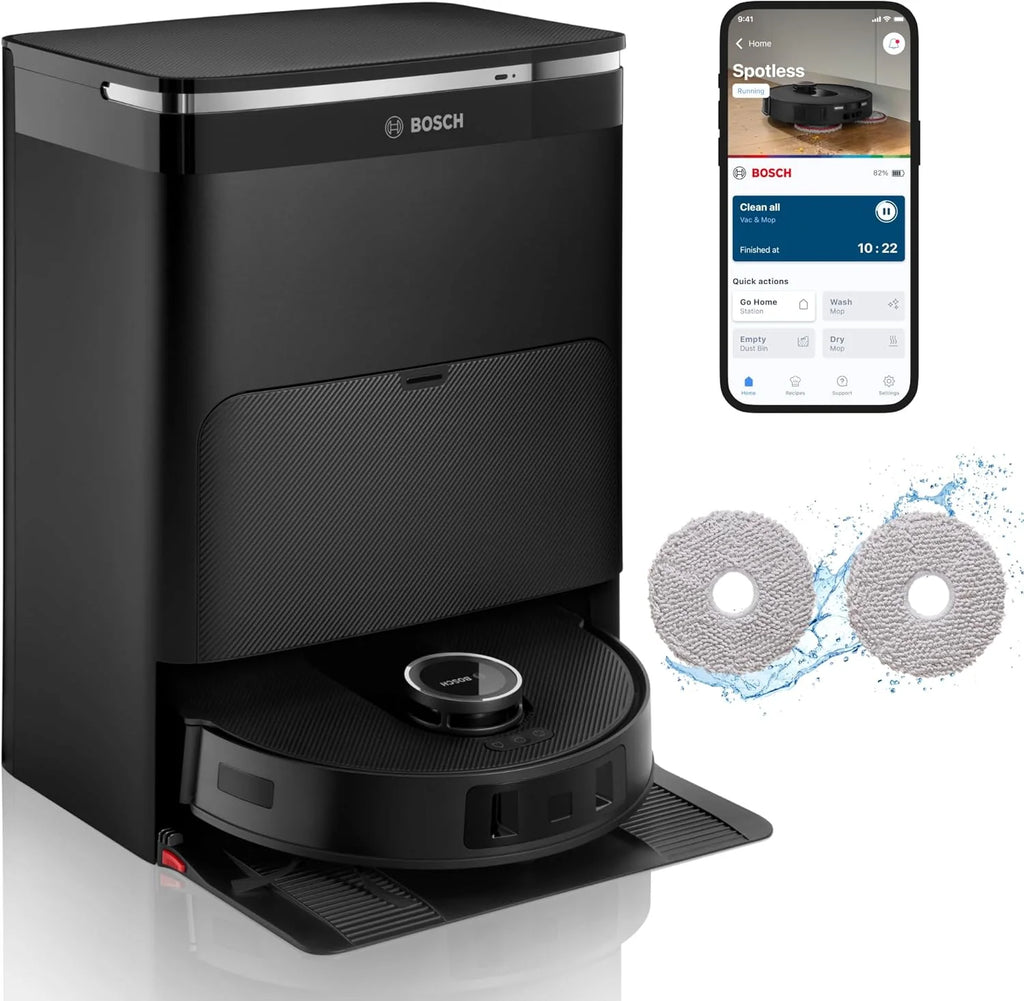 Bosch Spotless Max Robot sprzątający z funkcją mopowania, moc ssania 11 000 Pa, wysuwana nakładka mopującą, stacja czyszczącą, nawigacją Smart Vision, aplikacja Bosch Home Connect, BCRDW3B, czarny