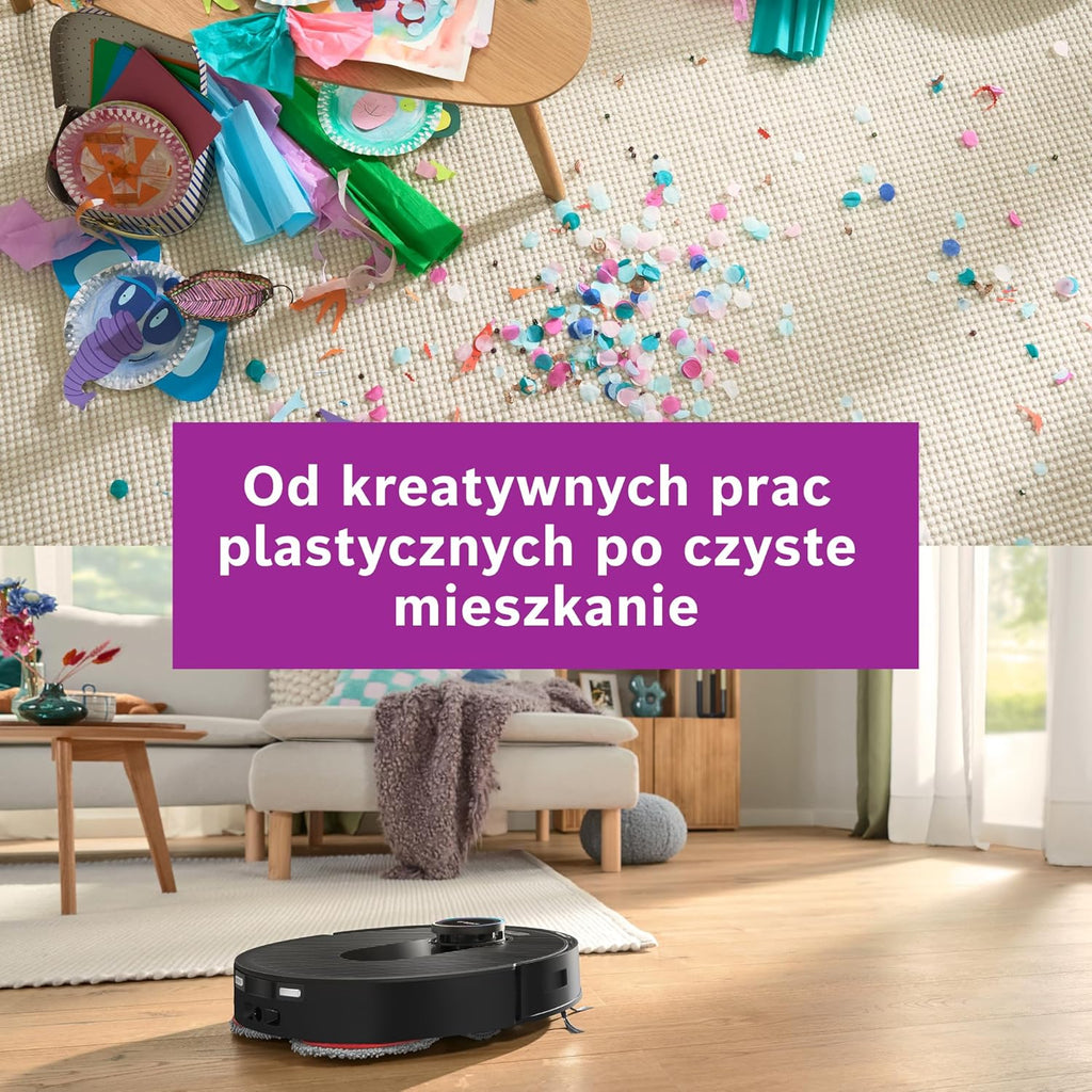 Bosch Spotless Max Robot sprzątający z funkcją mopowania, moc ssania 11 000 Pa, wysuwana nakładka mopującą, stacja czyszczącą, nawigacją Smart Vision, aplikacja Bosch Home Connect, BCRDW3B, czarny