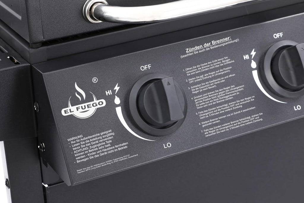 Grill gazowy San Jose 2 palniki firmy El Fuego®, w zestawie wąż gazowy i reduktor ciśnienia, ruszt do grillowania z żeliwa, z termometrem i dużymi półkami bocznymi, grill BBQ | AY0204