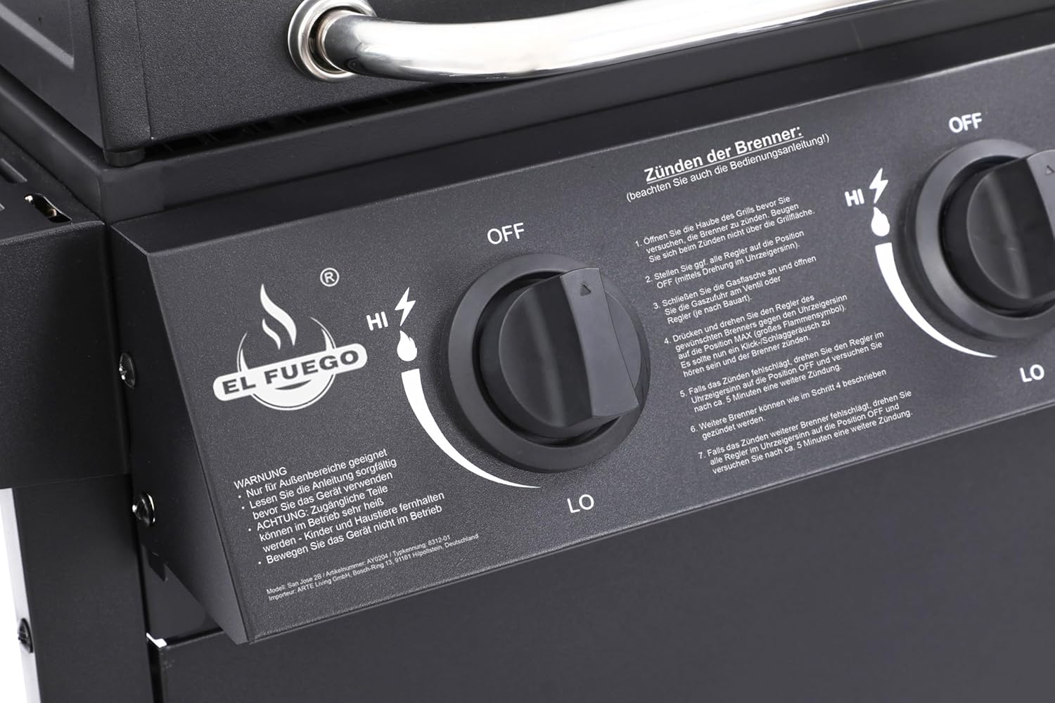 Grill gazowy San Jose 2 palniki firmy El Fuego®, w zestawie wąż gazowy i reduktor ciśnienia, ruszt do grillowania z żeliwa, z termometrem i dużymi półkami bocznymi, grill BBQ | AY0204