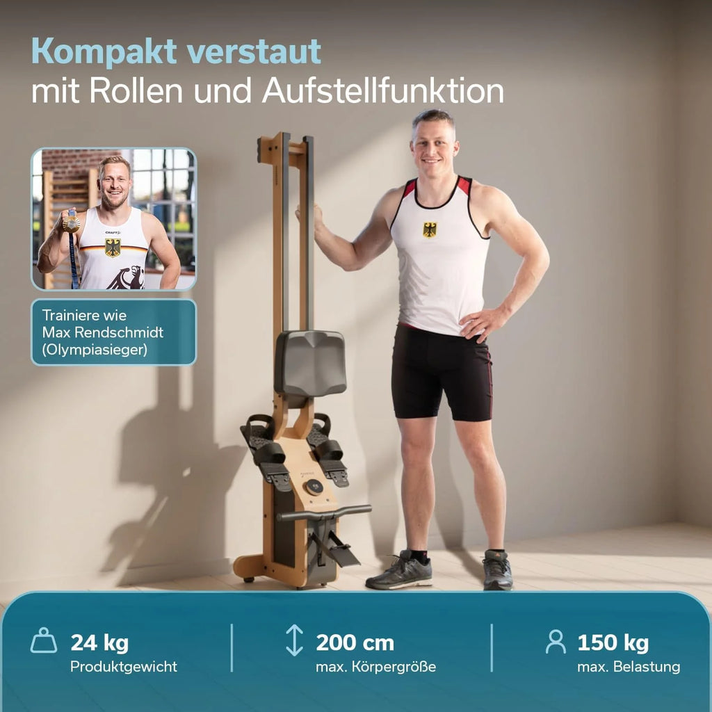 Skandika Wioślarz do domu Torin P6-G | sprzęt wioślarski do treningu siłowego, z własnym napędem, rama z prawdziwego drewna, hamulec magnetyczny 32 stopnie, kompatybilny z Bluetooth i aplikacją