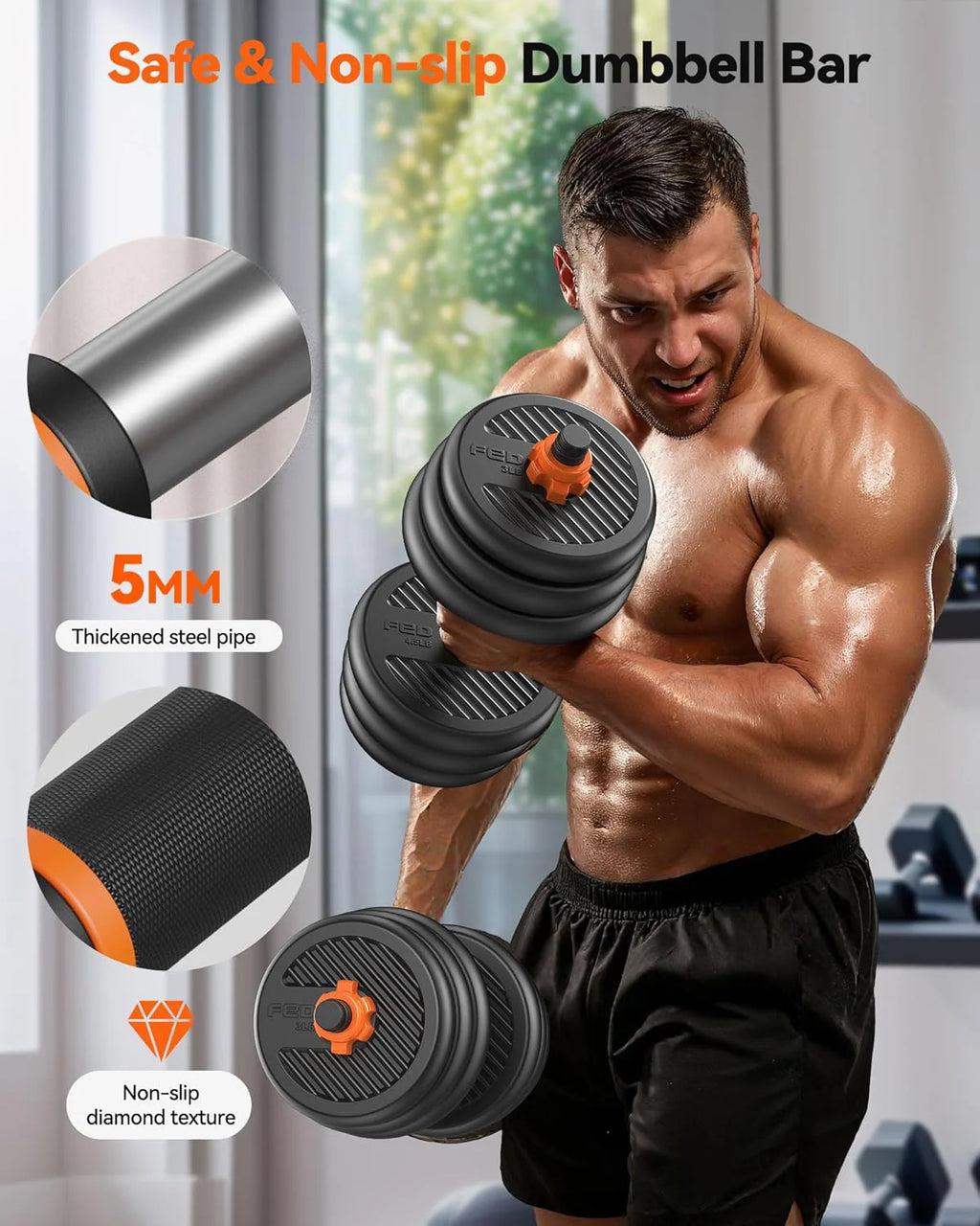 FEIERDUN Regulowane hantle, zestaw hantli o wadze 18 kg ze złączem, zestaw hantli 4 w 1, używany jako sztanga, kettlebell, stojak push-up, ćwiczenia fitness do domowej siłowni odpowiednie dla