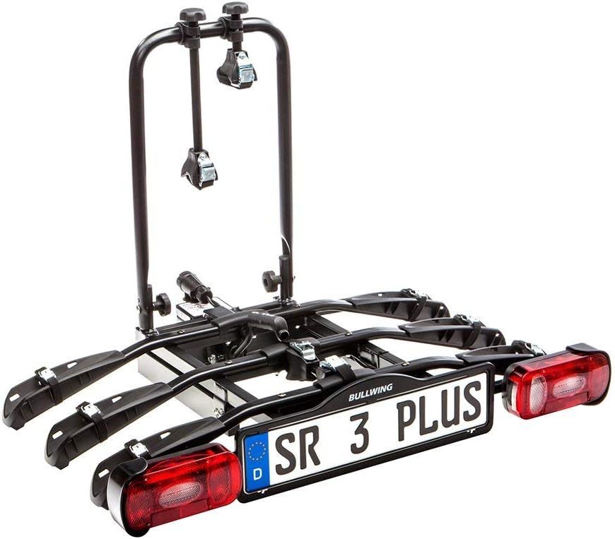 Bullwing SR3+ bagażnik rowerowy na 3 rowery na hak holowniczy, składany, specjalne zamknięcie, ochrona przed kradzieżą, 3 x uchwyt na ramę, uchwyt ścienny, pas mocujący w zestawie