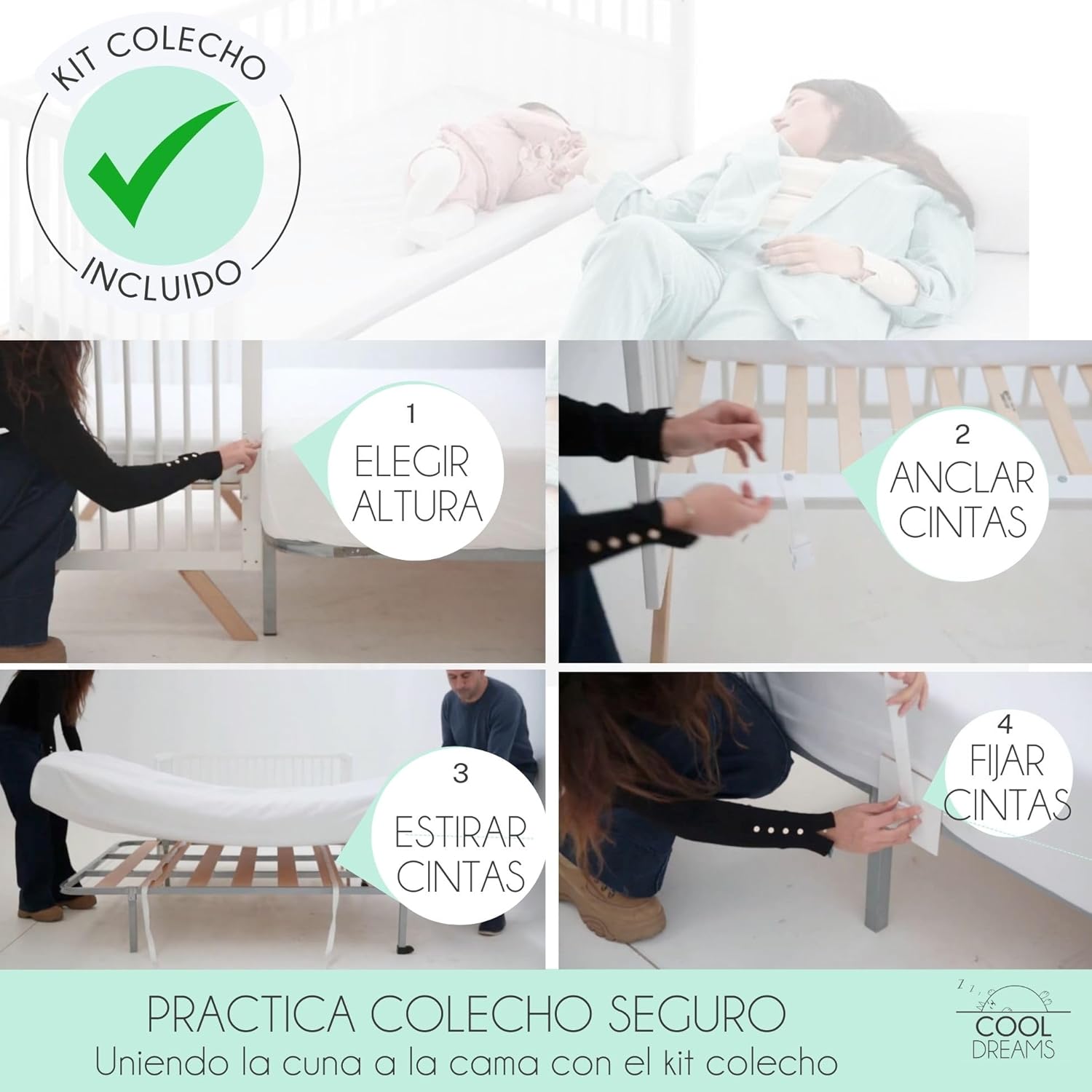 Łóżeczko dostawne dla niemowląt, zestaw łączący łóżeczko z łóżkiem, materac Morfeo HR (certyfikaty Oeko-Tex® i CertiPUR), 4 kółka, prześcieradła z gumką i płaskie z naturalnej bawełny. Indi CoolDreams CoolDreams