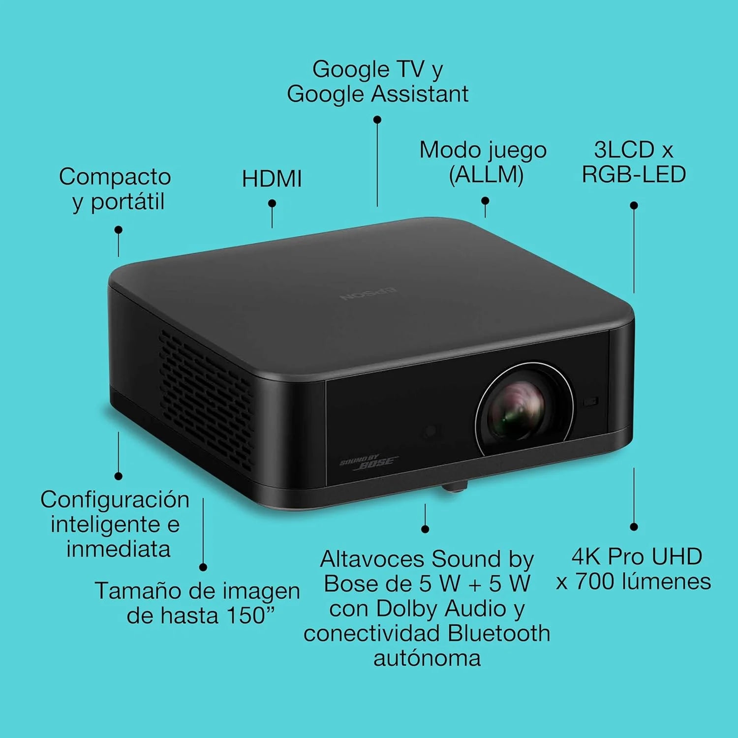 Epson Lifestudio Pop EF-62B czarny metaliczny przenośny inteligentny projektor, Sound by Bose, Google TV, 4K Pro-UHD, do użytku wewnątrz/na zewnątrz, 5 lat