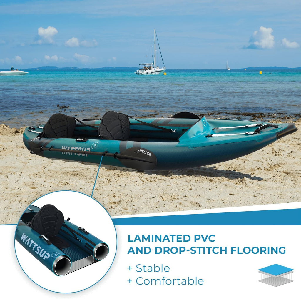 Kajak dmuchany Wattsup COD 2-osobowy – 410x85 cm (13'4 x 33) – laminowany PVC + Dropstitch – Pełny zestaw – Maks. 220 kg