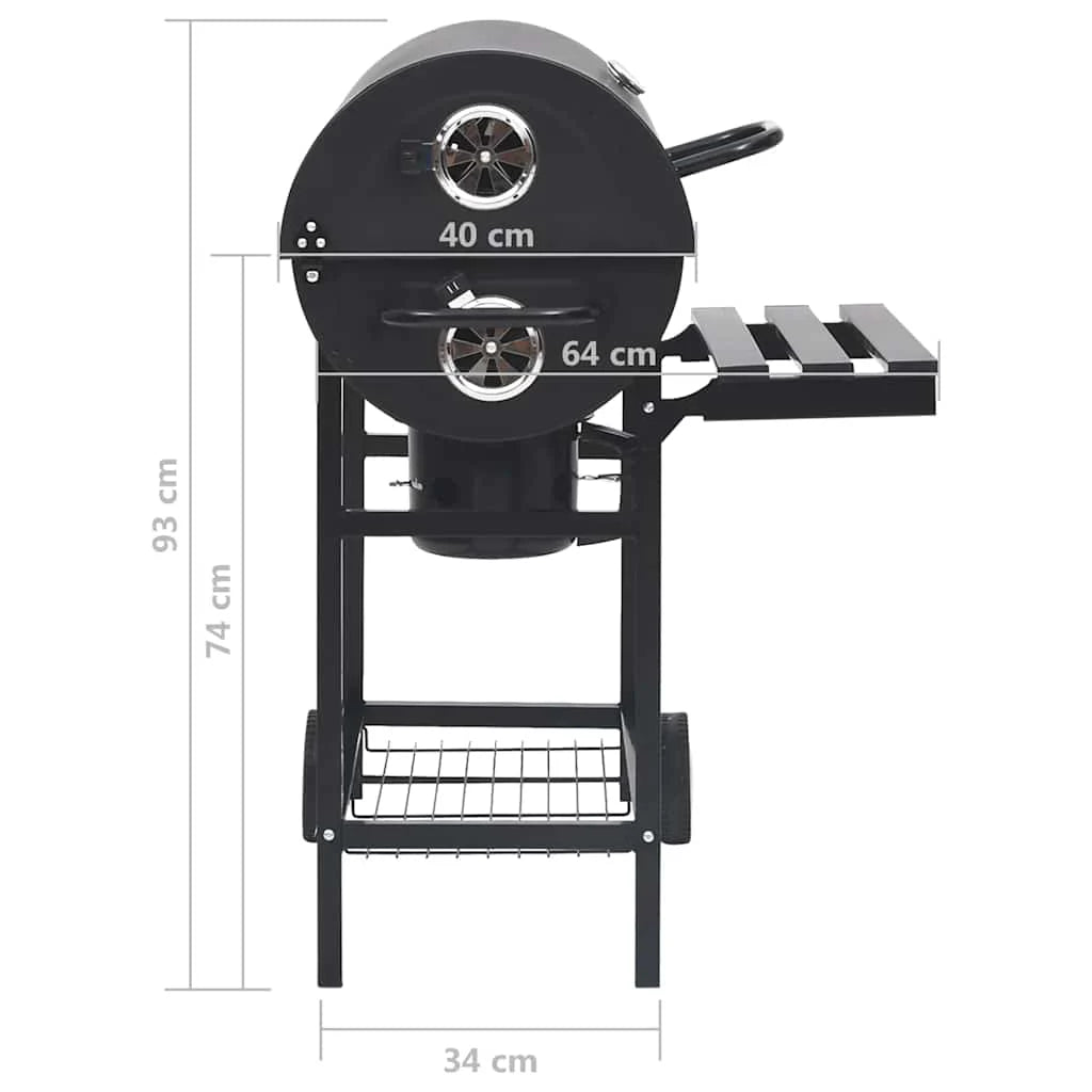2026 Grill z kółkami i półkami, czarny, stalowy, 115 x 85 x 95 cm, grill zewnętrzny
