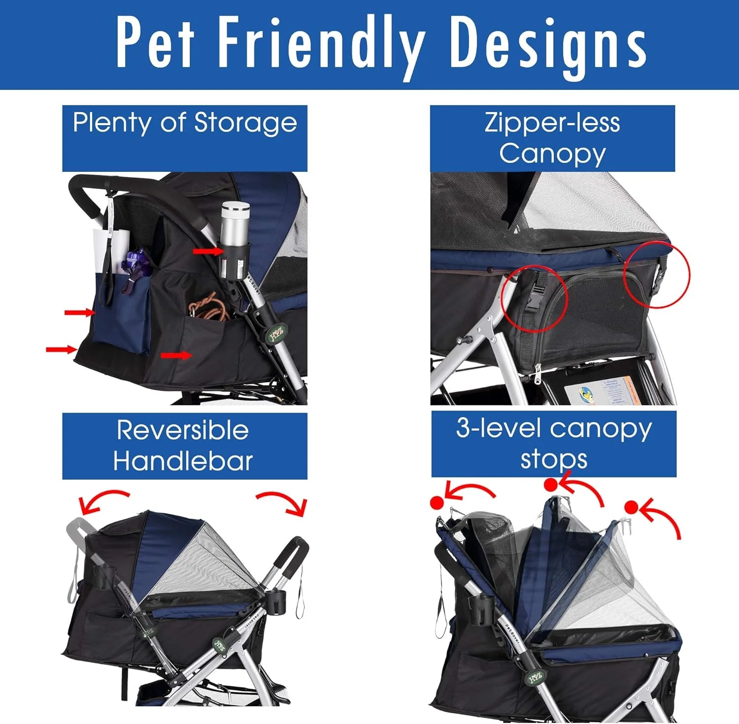 HPZ Pet Rover Premium wytrzymały wózek podróżny dla psa/kota/zwierząt domowych z rozkładaną przegródką/wejściem bez zamka błyskawicznego/odwracalny uchwyt, gumowe opony bez pompy, dla małych,
