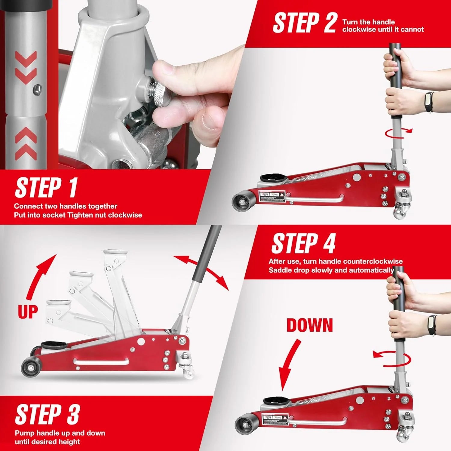 3 Ton Low Profile, Aluminum and Steel Racing Floor Jack with Dual Pistons Quick Lift Pump for Sport Utility Vehicle, Lifting Range 3-15/16 min to 18-5/16 max, Red