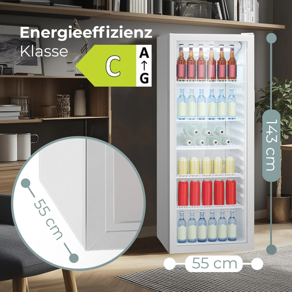 Lodówka Bomann® z drzwiami szklanymi, Klasa energetyczna C, 143 cm, Lodówka na napoje 2-12°C, MultiAirflow, 5 półek drucianych, Odwracalny zawias drzwi, 236 l, Chłodziarka na butelki, KSG 7292, biała