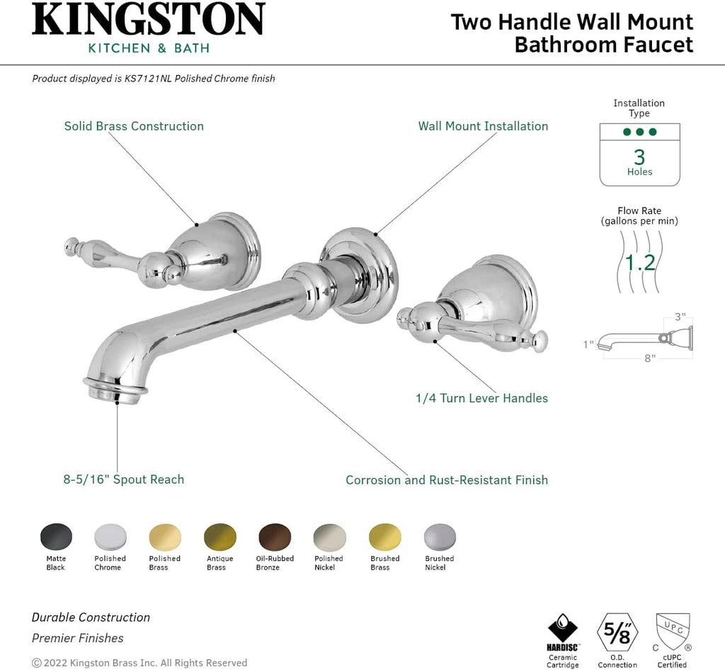 Kingston Brass KS7120NL Naples 20 cm centralny uchwyt ścienny bateria łazienkowa, matowa czerń